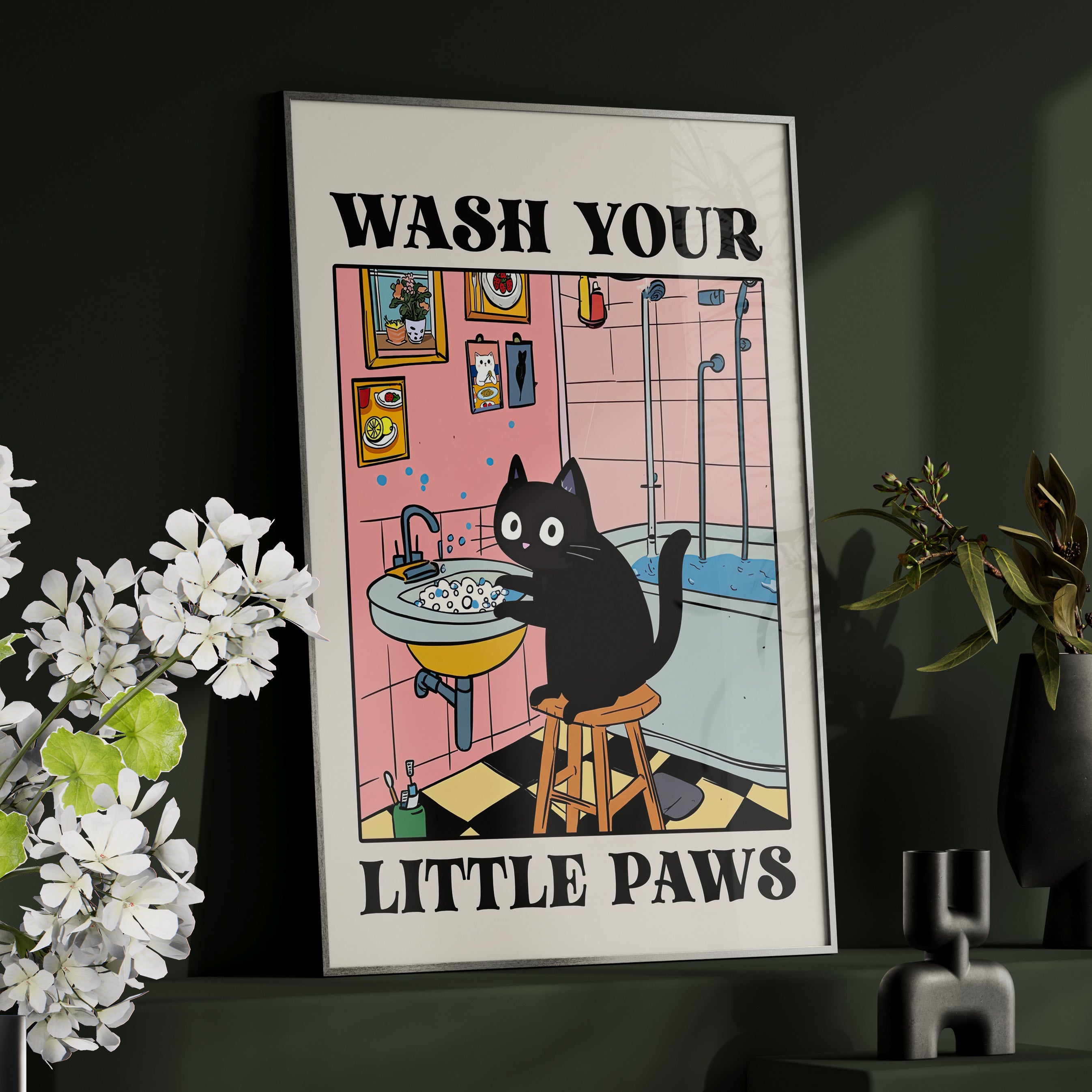 Framed Paper Print - Wash Your Little Paws Cat
