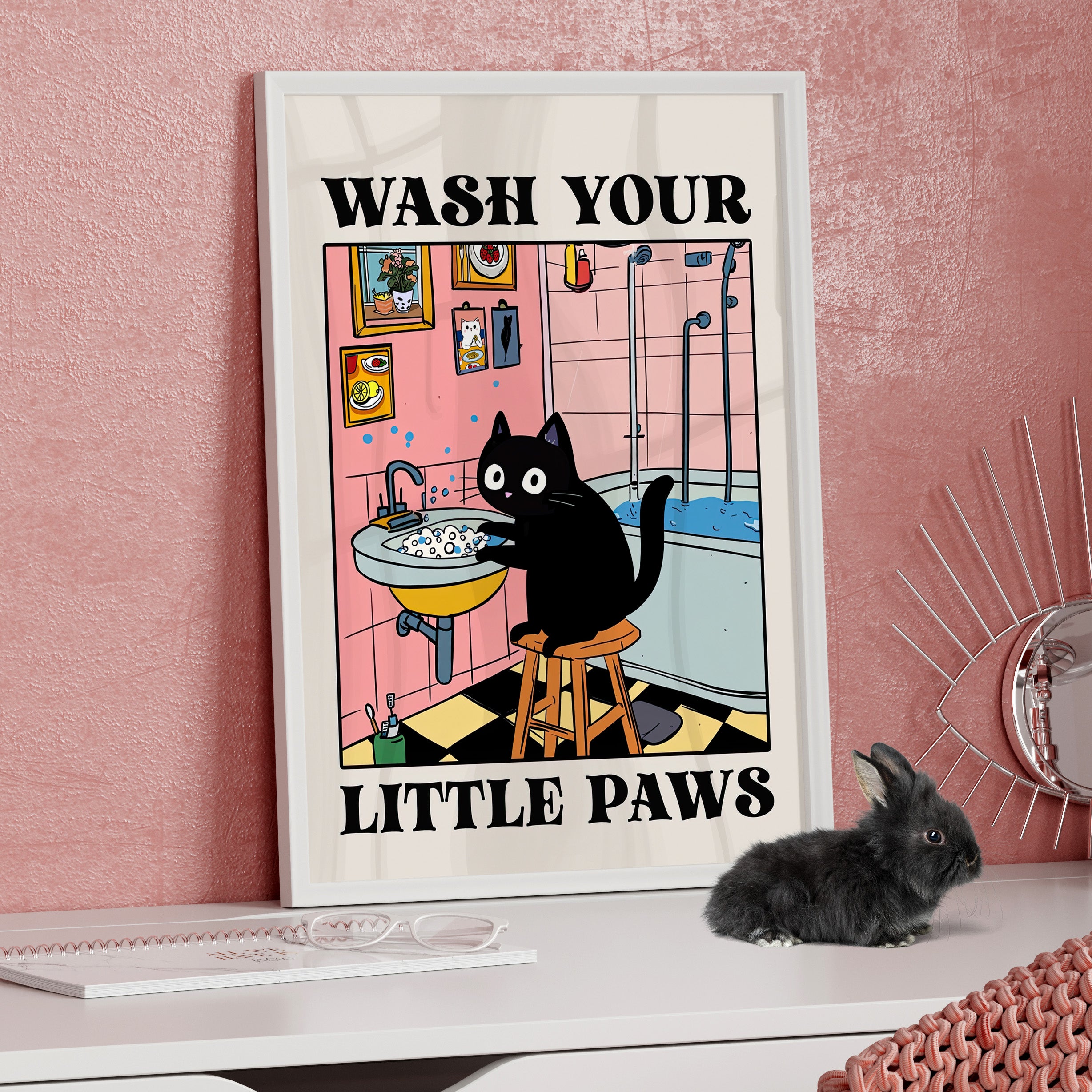 Framed Paper Print - Wash Your Little Paws Cat