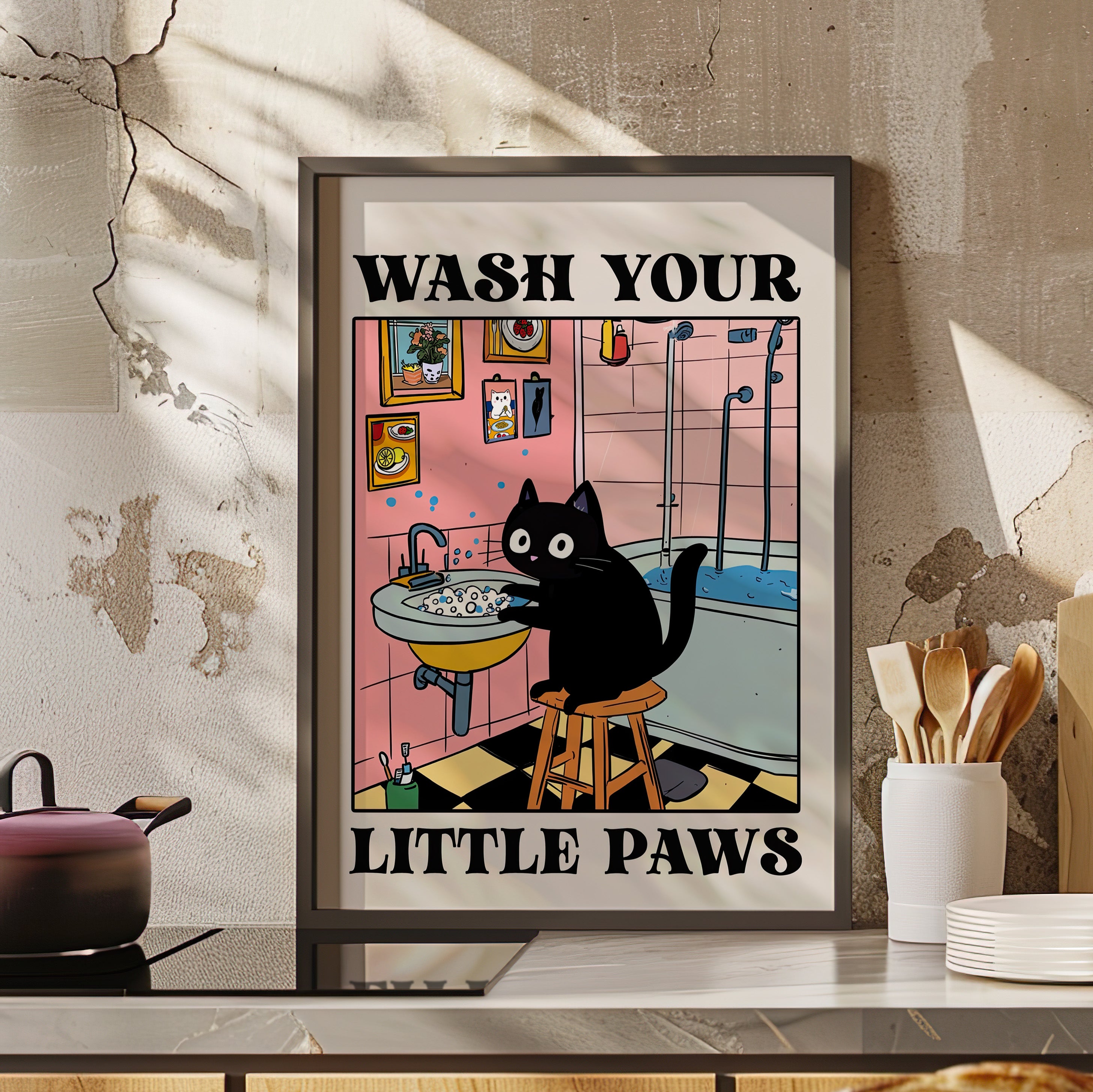 Framed Paper Print - Wash Your Little Paws Cat