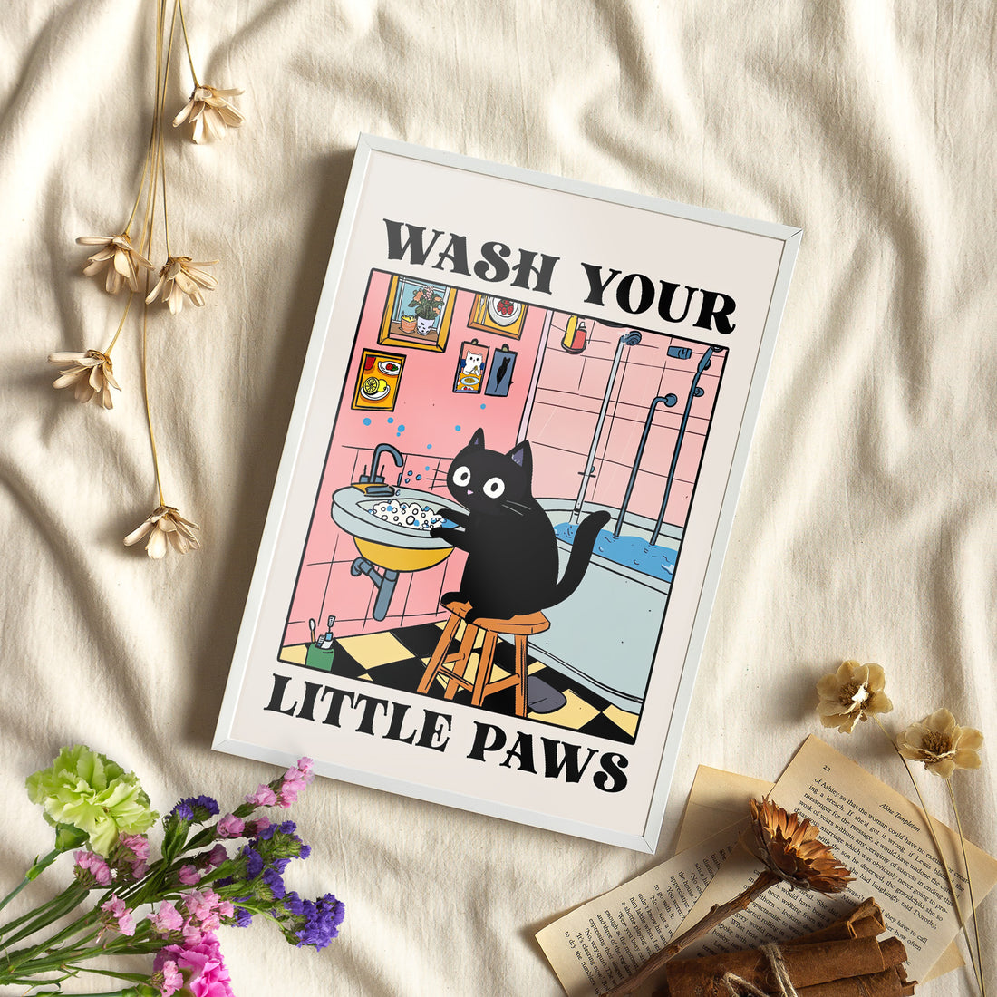 Framed Paper Print - Wash Your Little Paws Cat