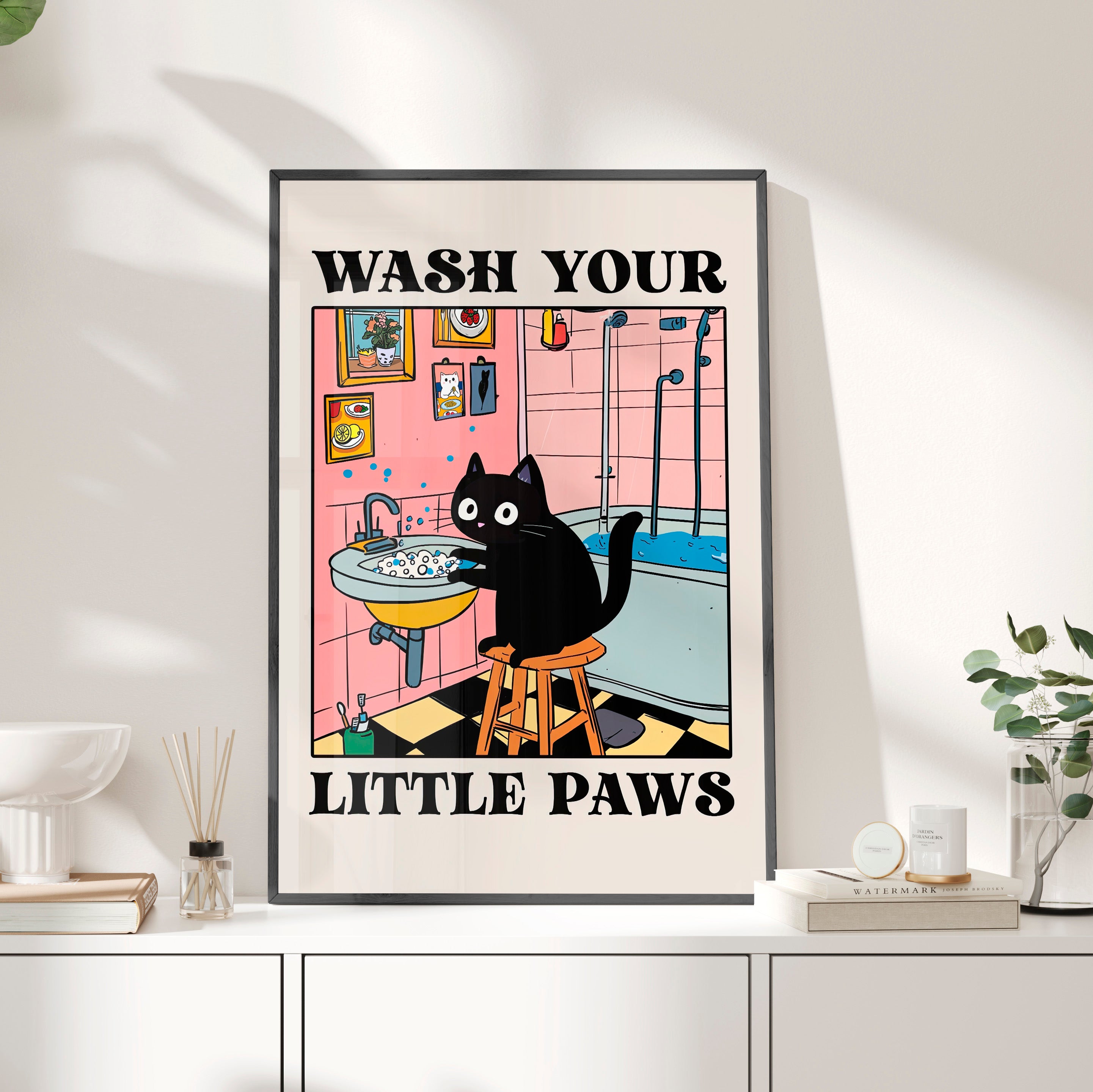 Framed Paper Print - Wash Your Little Paws Cat