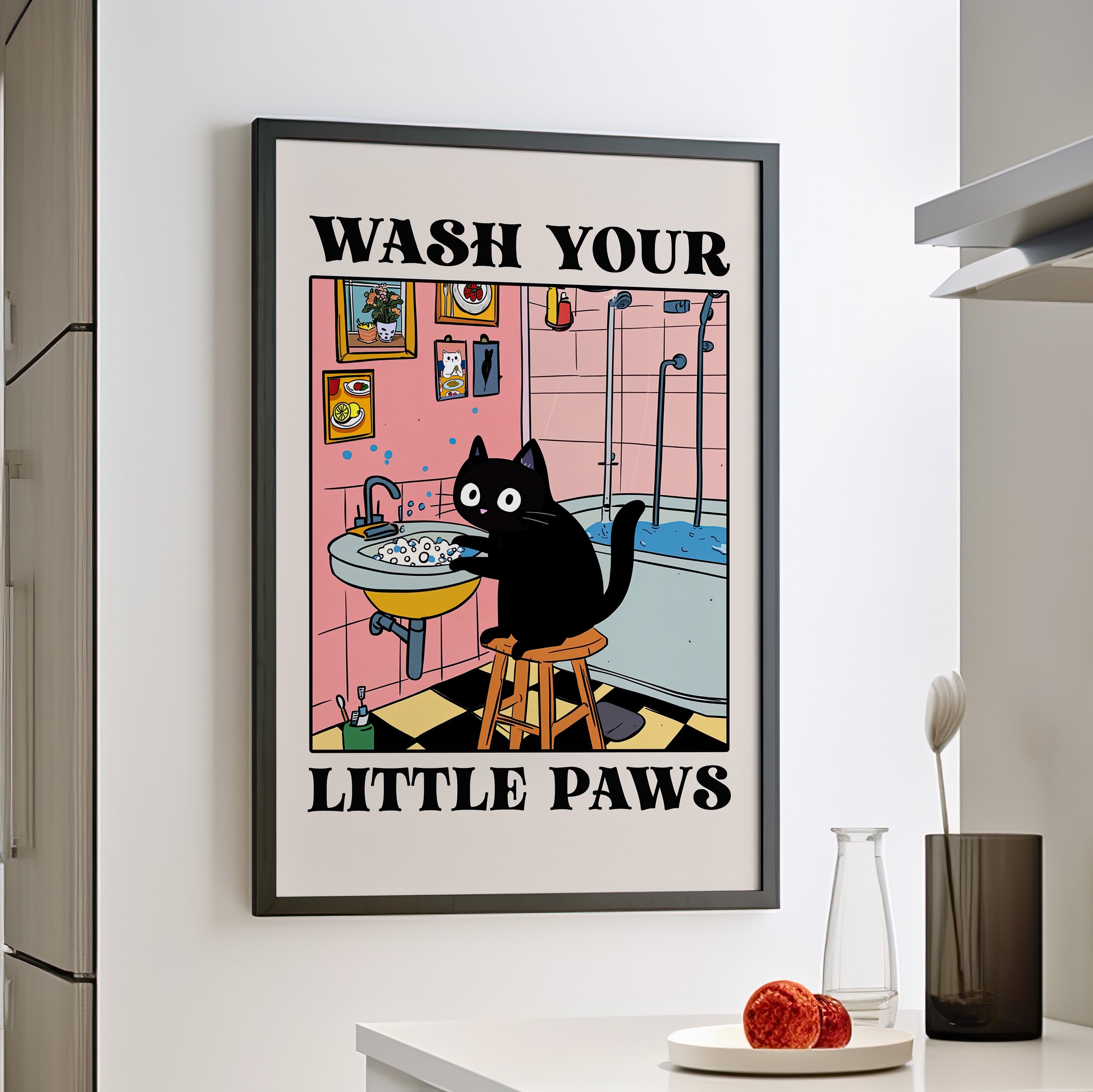 Framed Paper Print - Wash Your Little Paws Cat