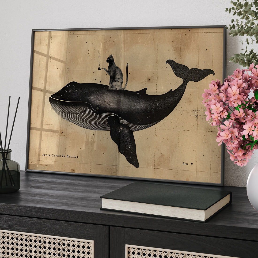 Framed Paper Print - Cat Rides Whale Theory