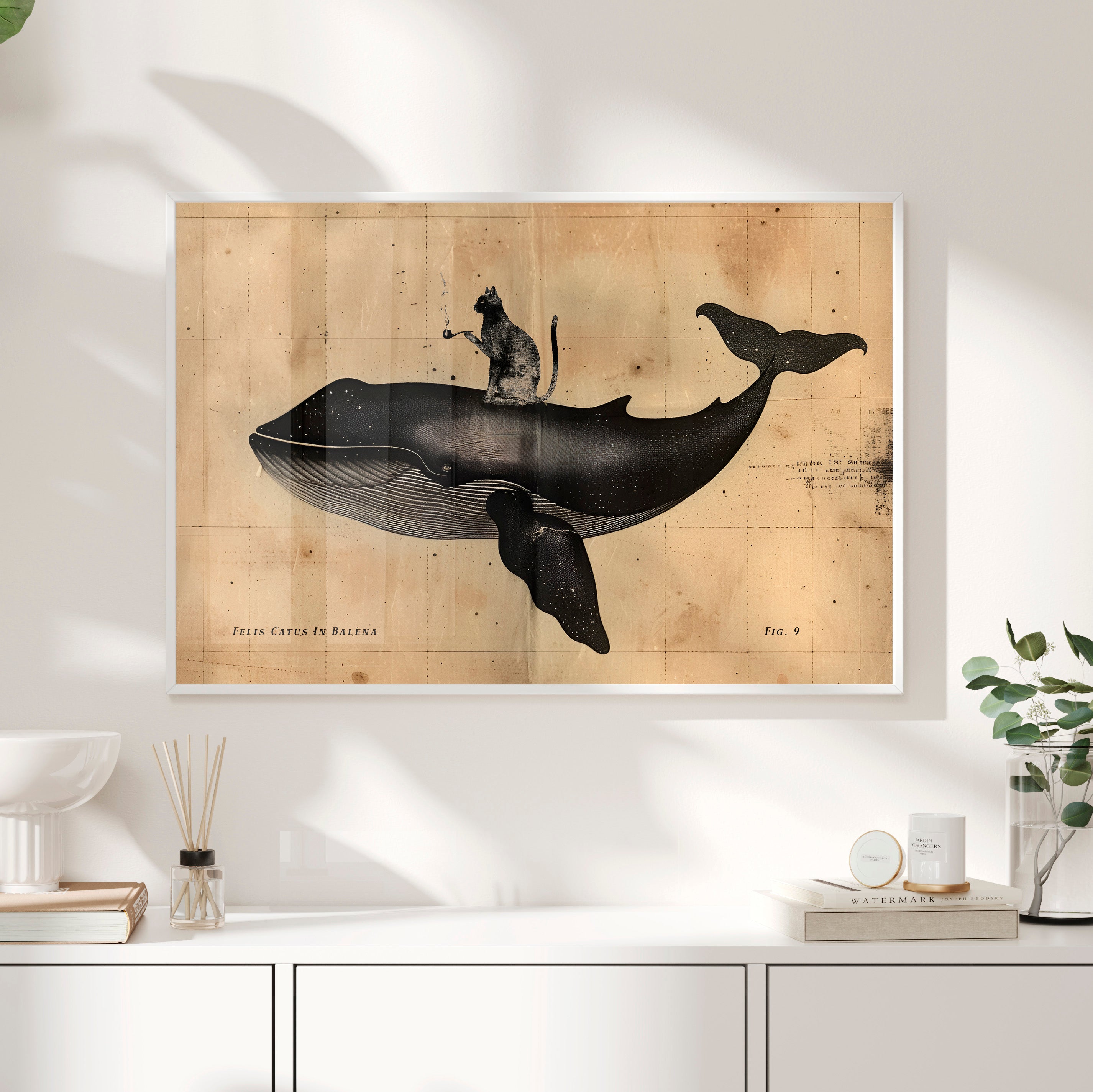 Framed Paper Print - Cat Rides Whale Theory