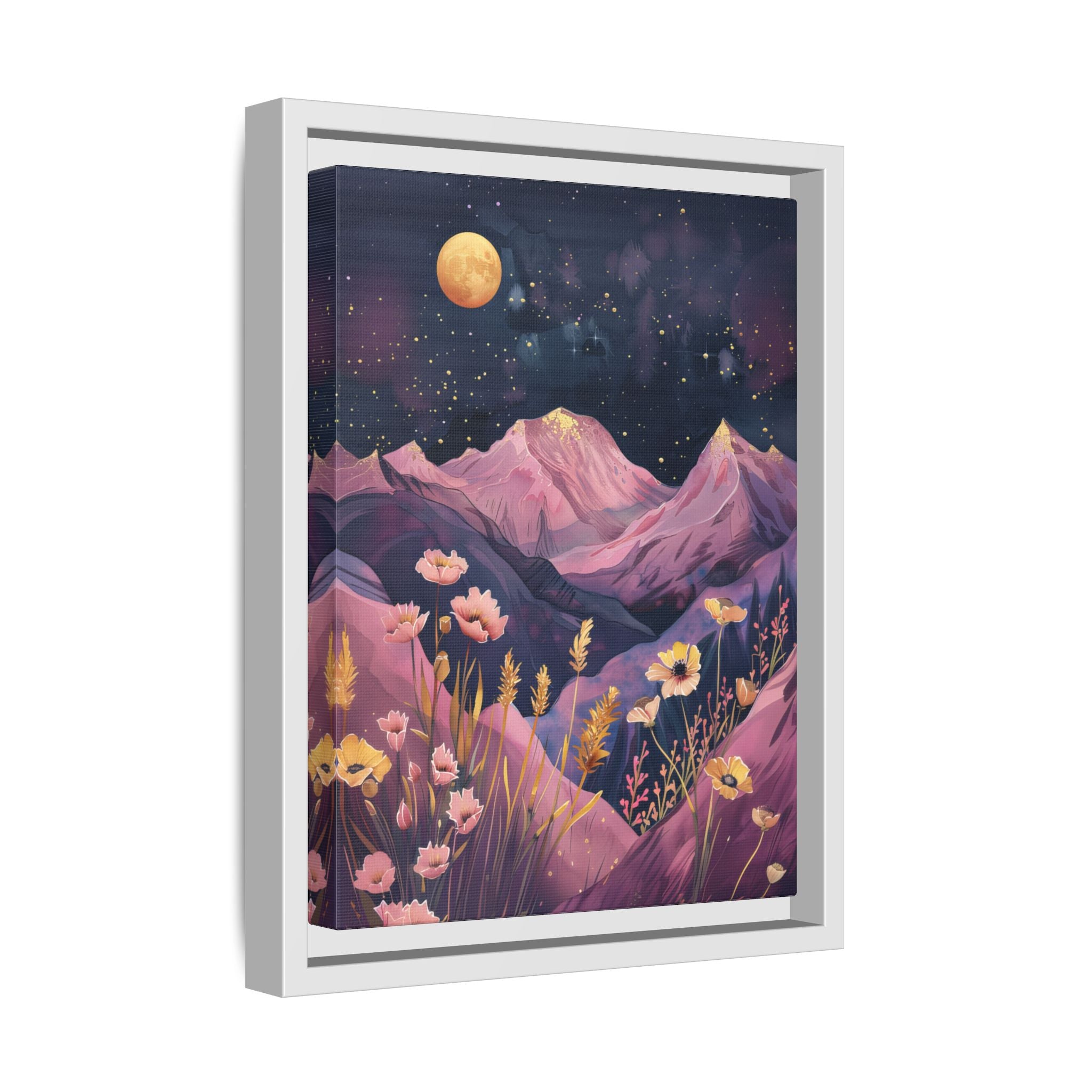 Framed Canvas - Golden Moon Over Lavender Peaks