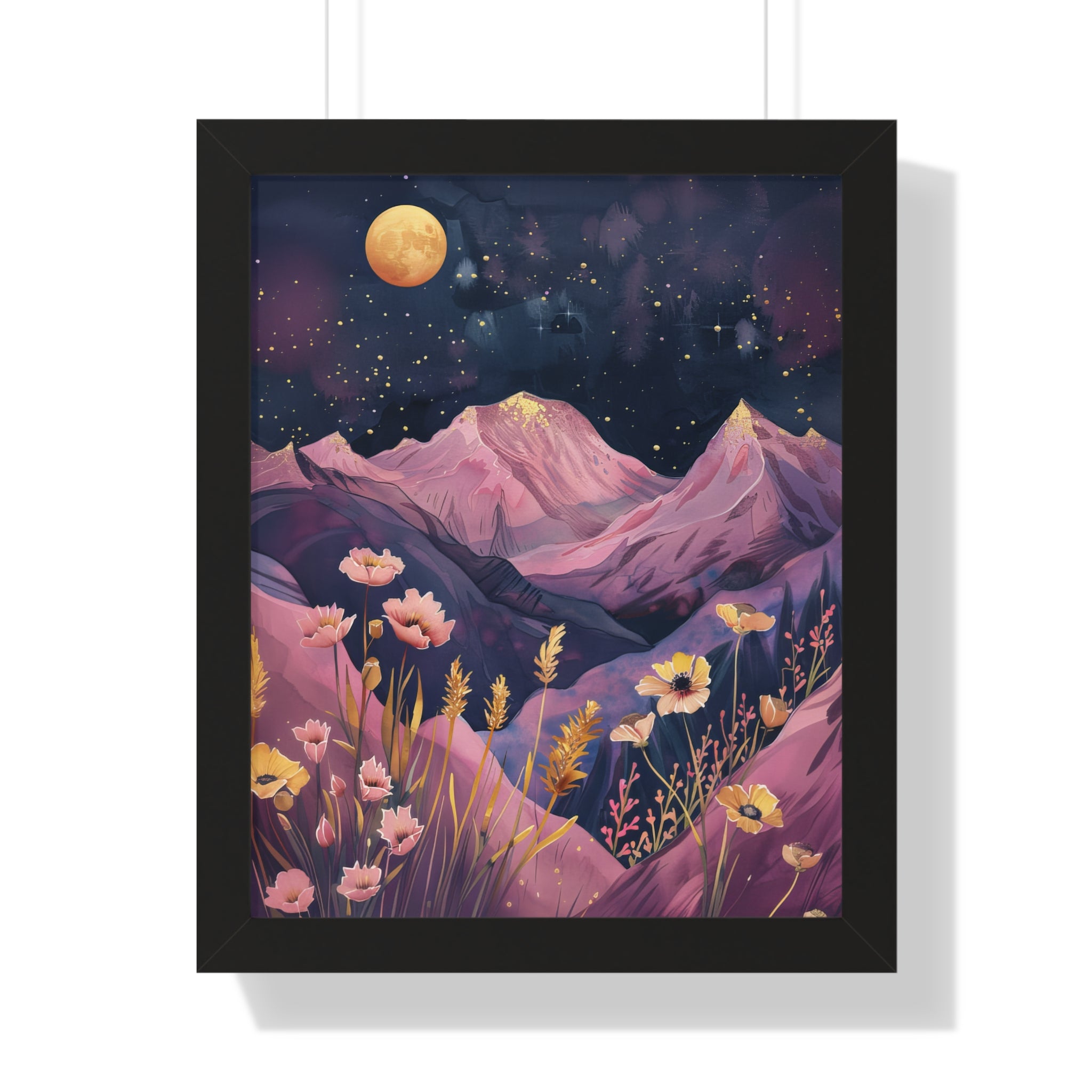 Framed Paper Print - Golden Moon Over Lavender Peaks