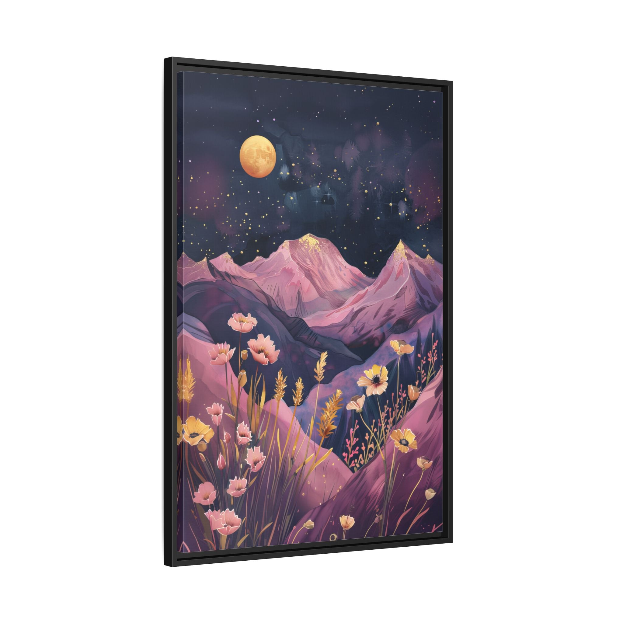 Framed Canvas - Golden Moon Over Lavender Peaks