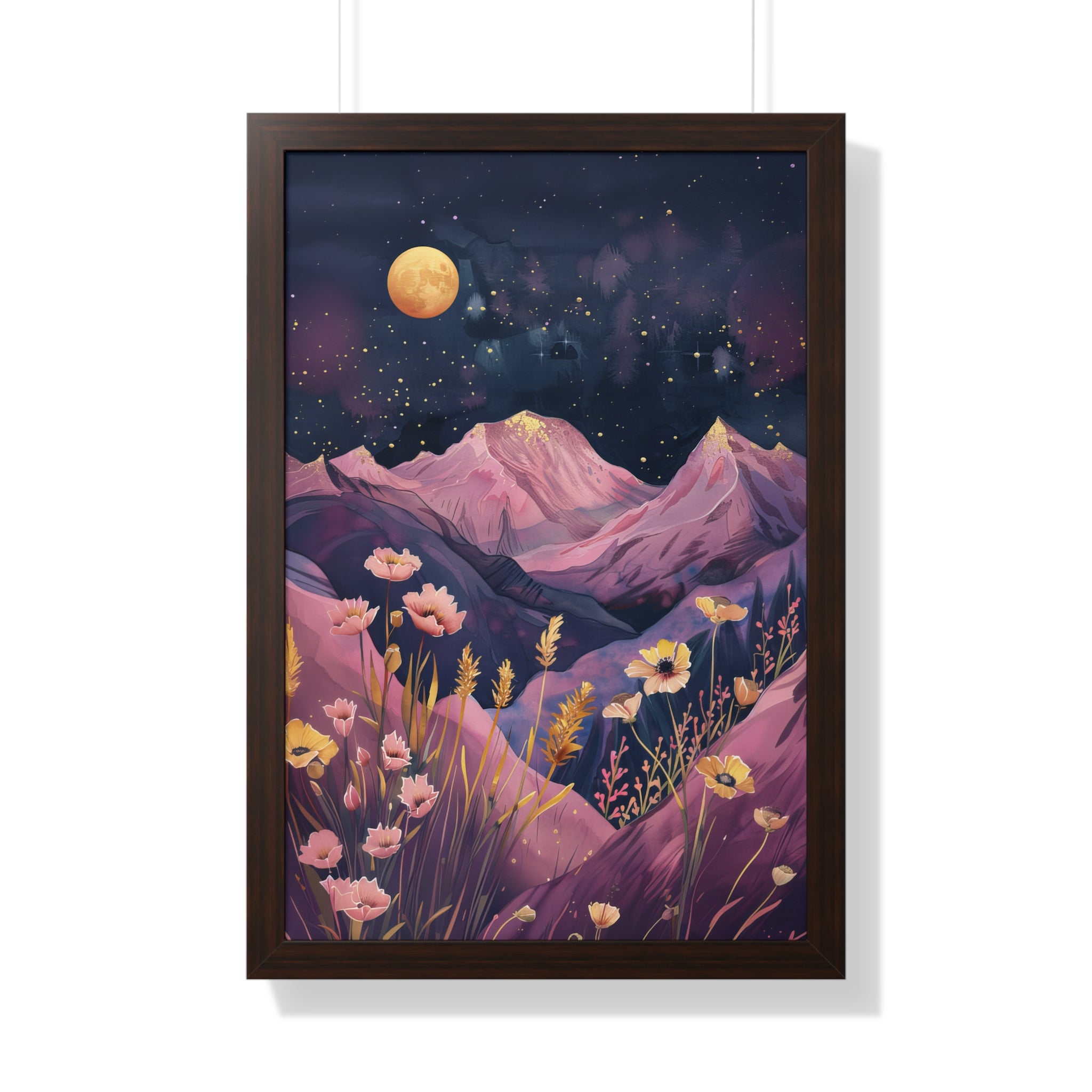 Framed Paper Print - Golden Moon Over Lavender Peaks