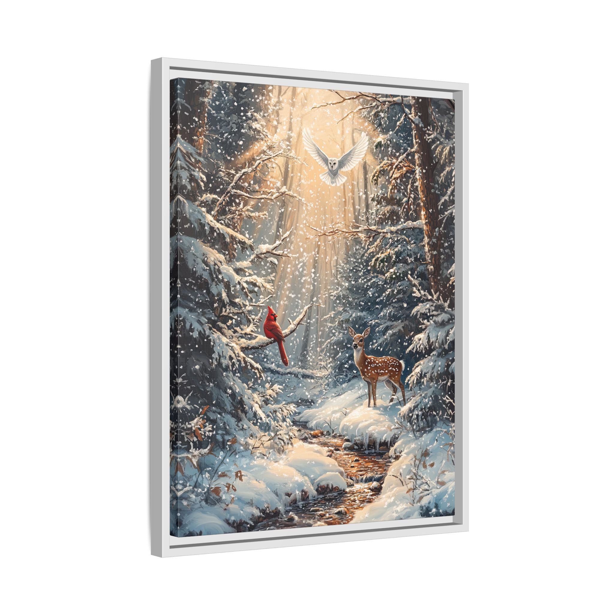 Framed Canvas - Winter Cardinal Deer Owl