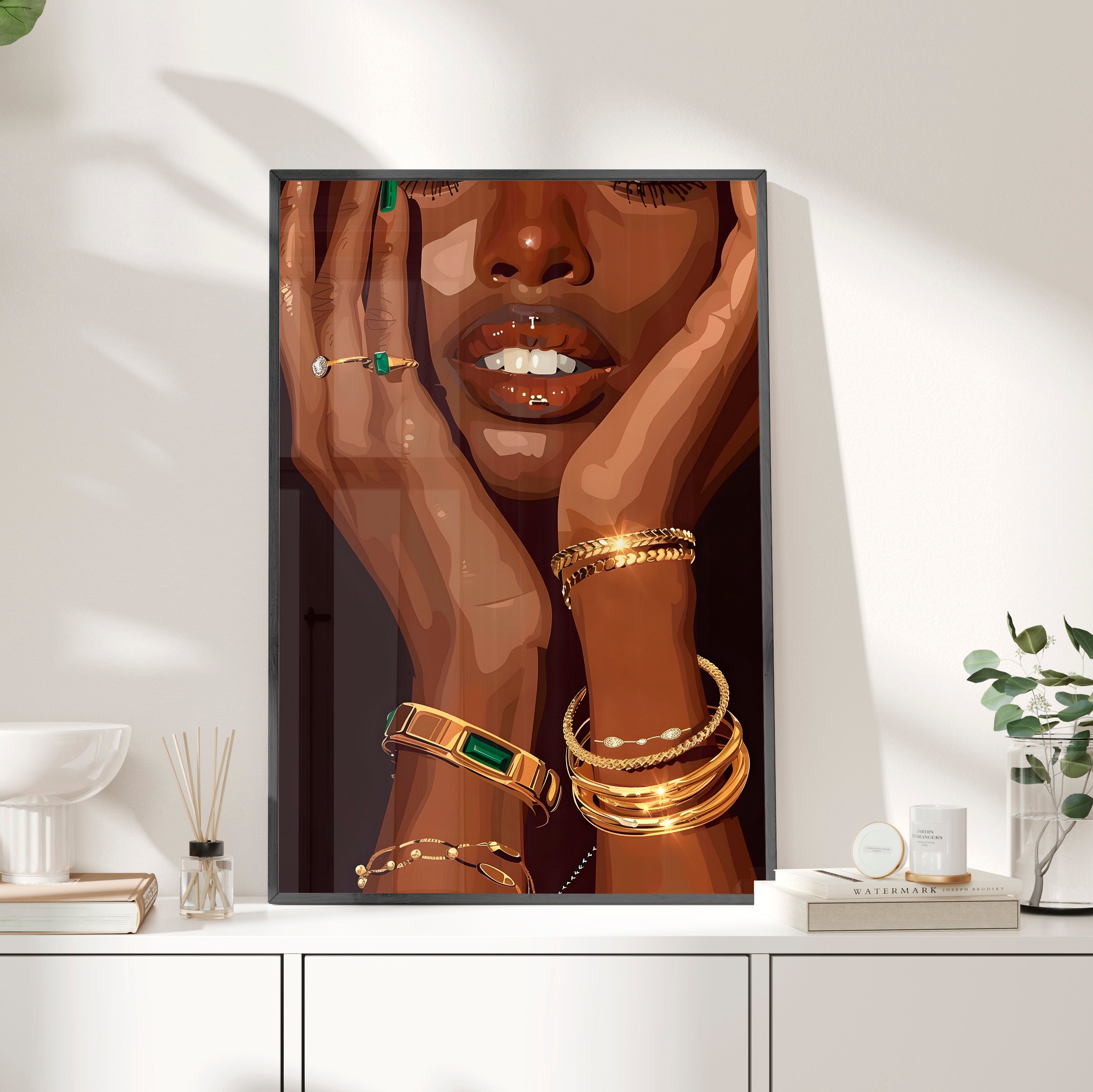 Framed Paper Print - Golden Emerald Beauty Portrait