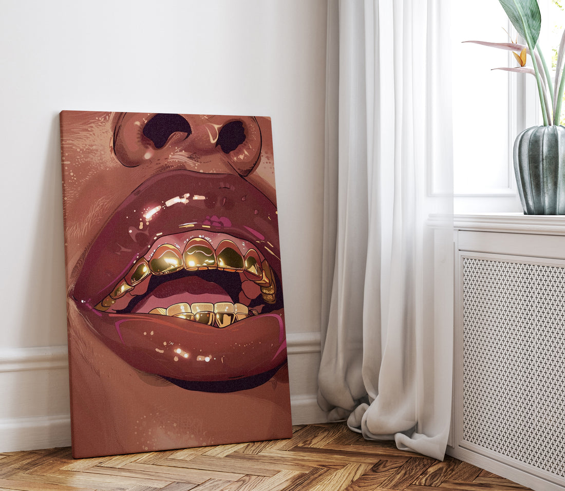 1.25" Matte Canvas - Gold Grills Glam Closeup