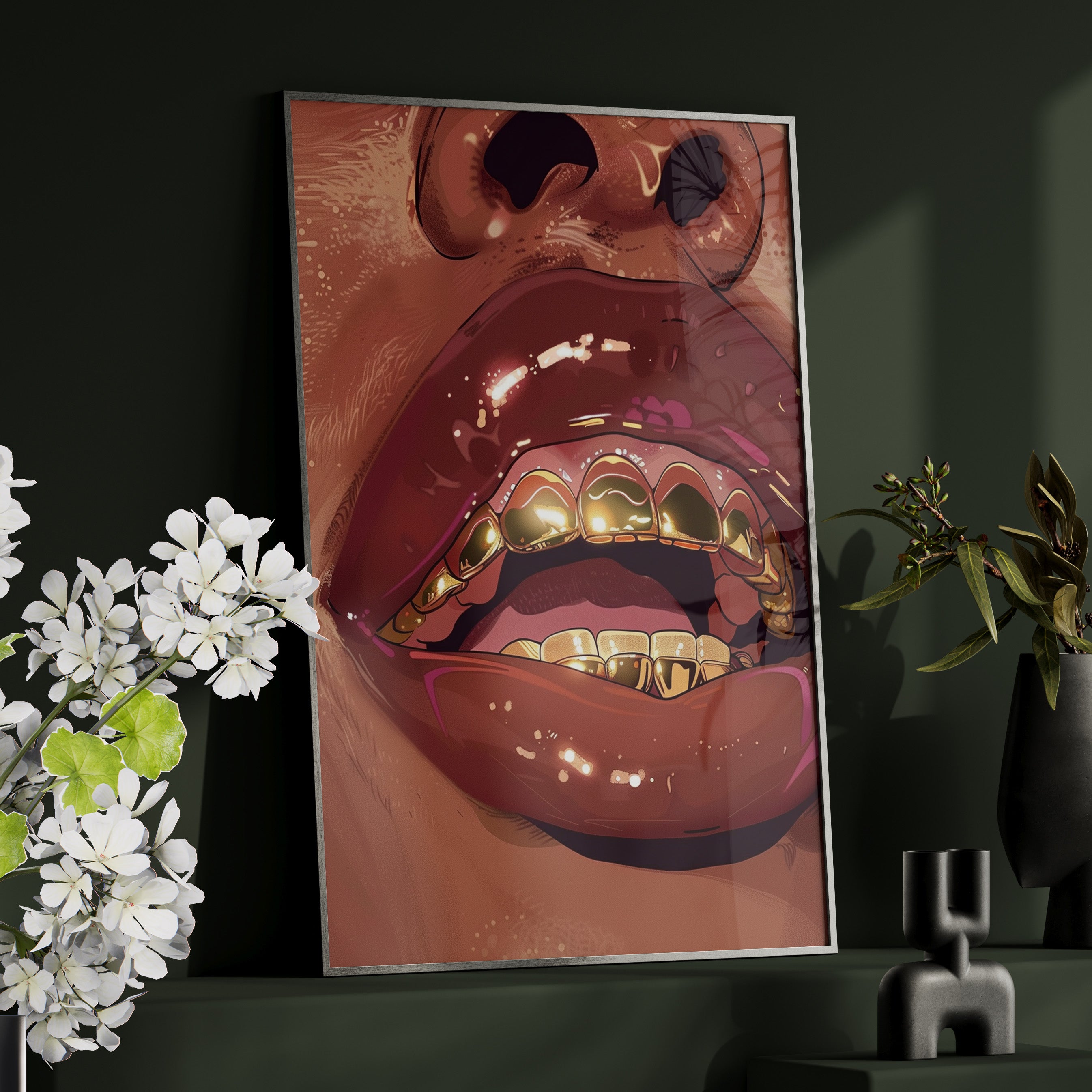 Framed Paper Print - Gold Grills Glam Closeup
