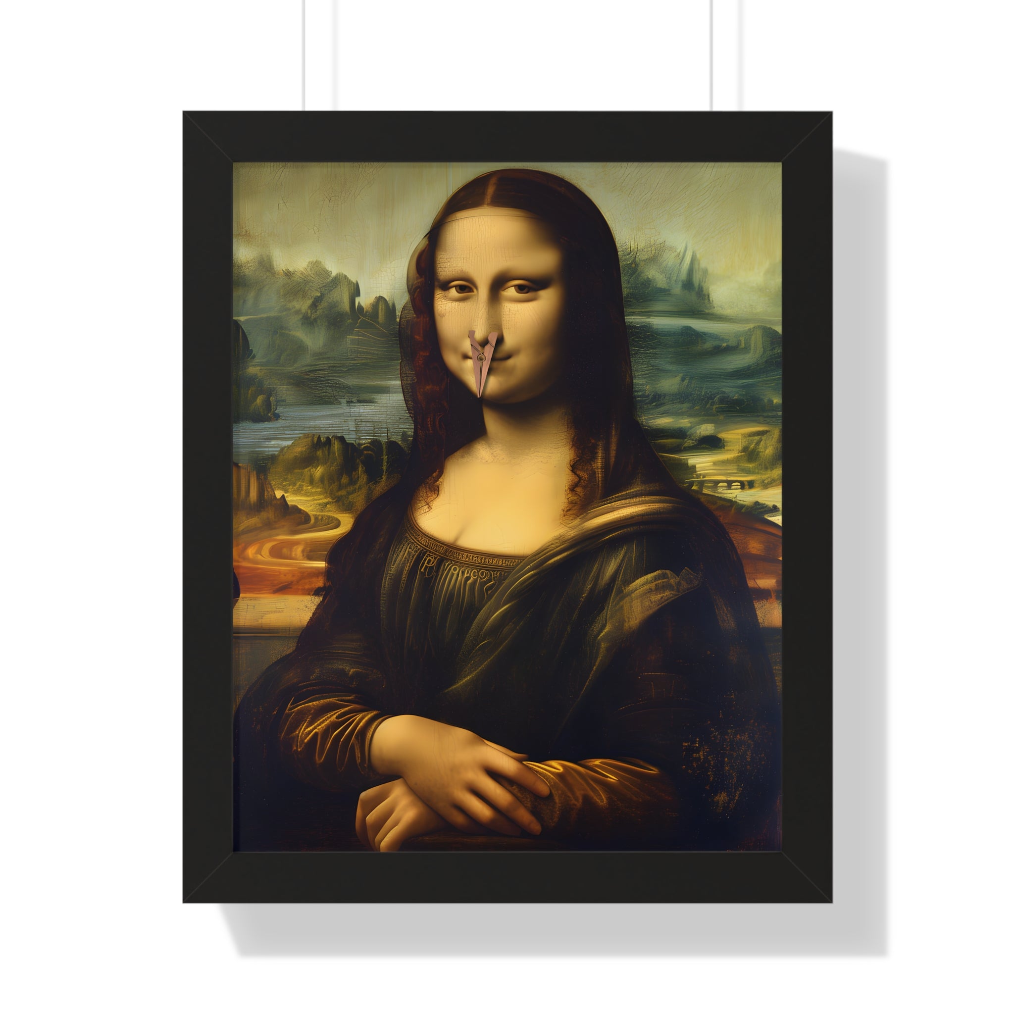 Framed Paper Print - Mona Lisa Nose Peg Gag