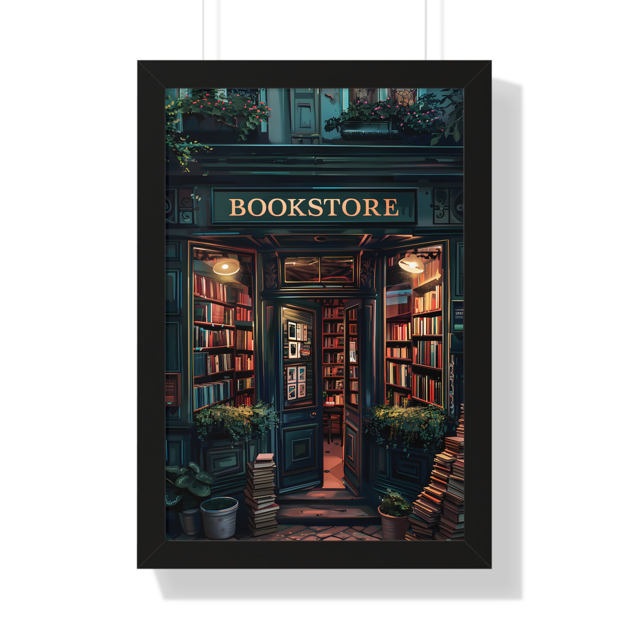 Framed Paper Print - Midnight Bookstore Glow