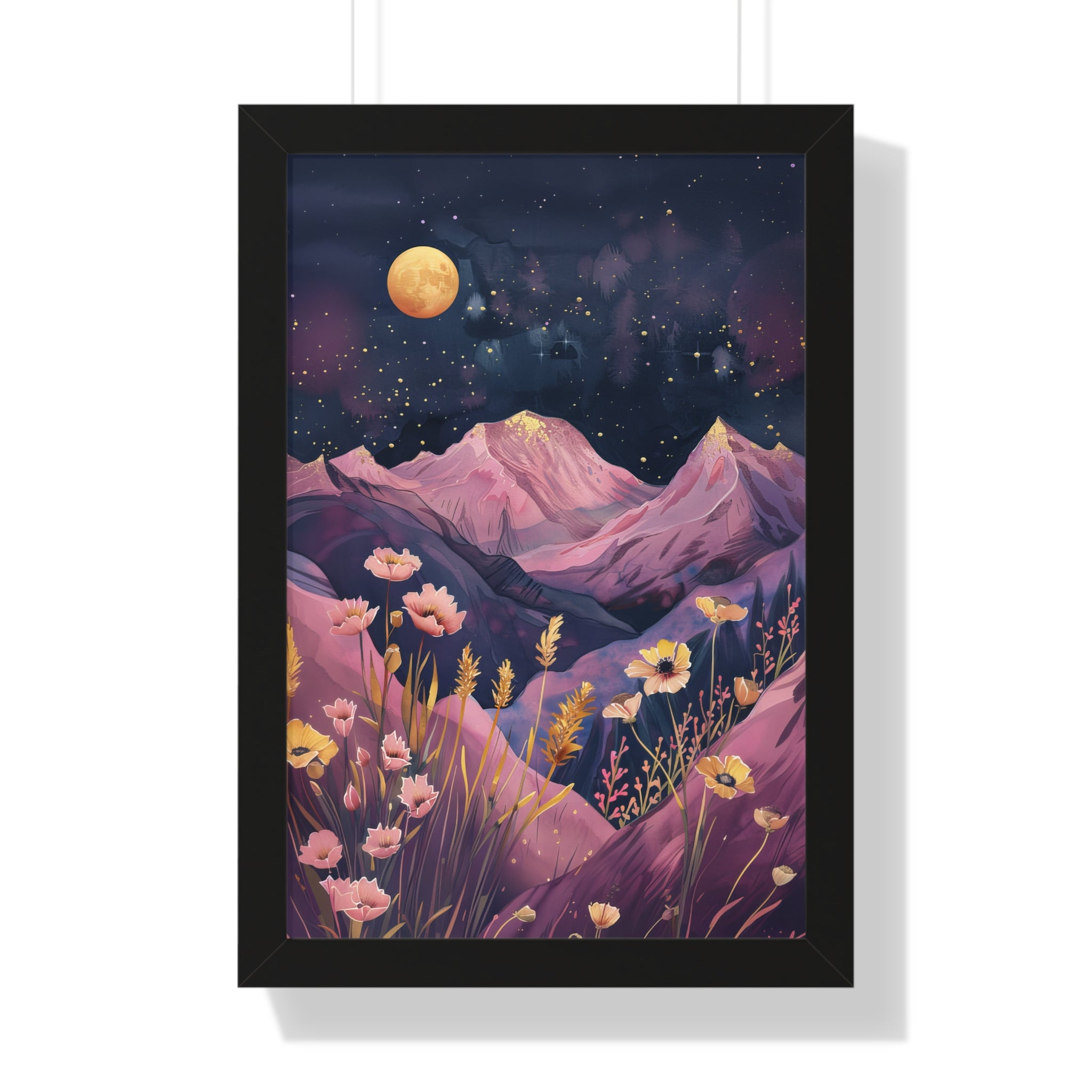 Framed Paper Print - Golden Moon Over Lavender Peaks