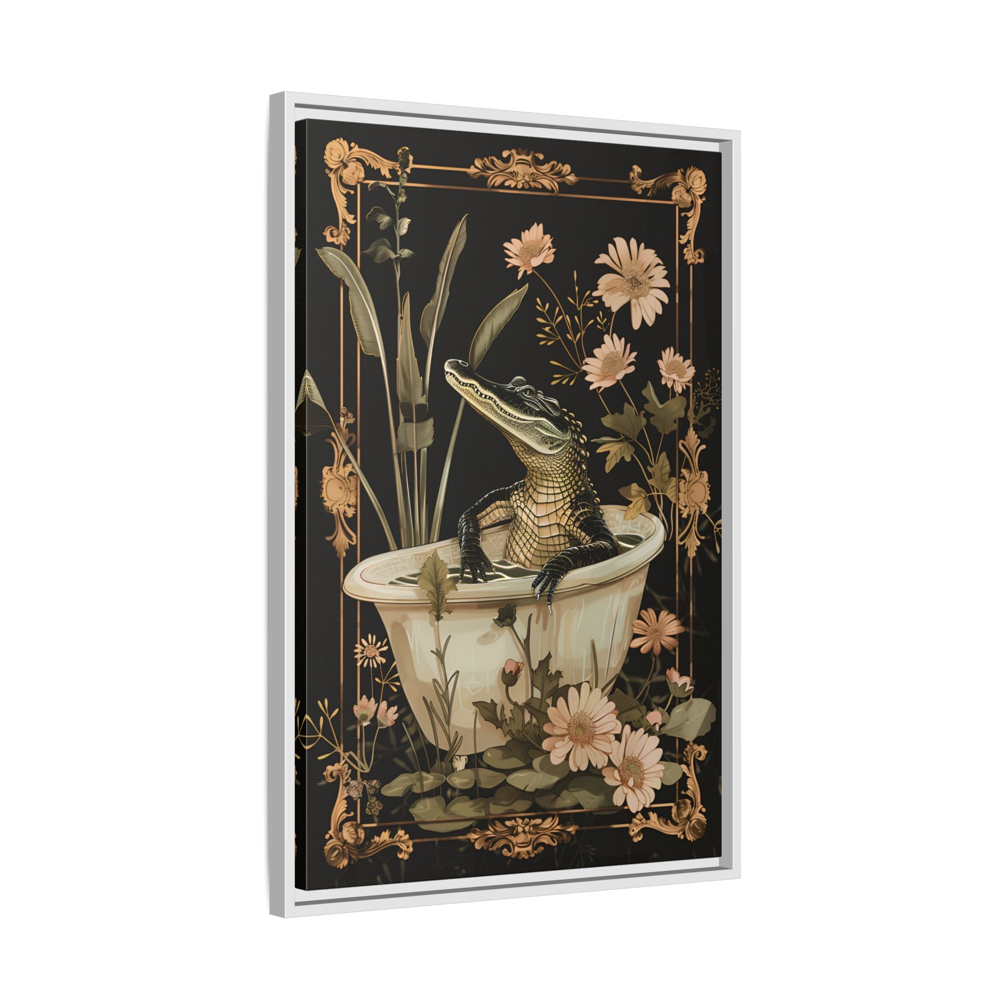 Framed Canvas - Crocodile in Bloom Bath Bliss