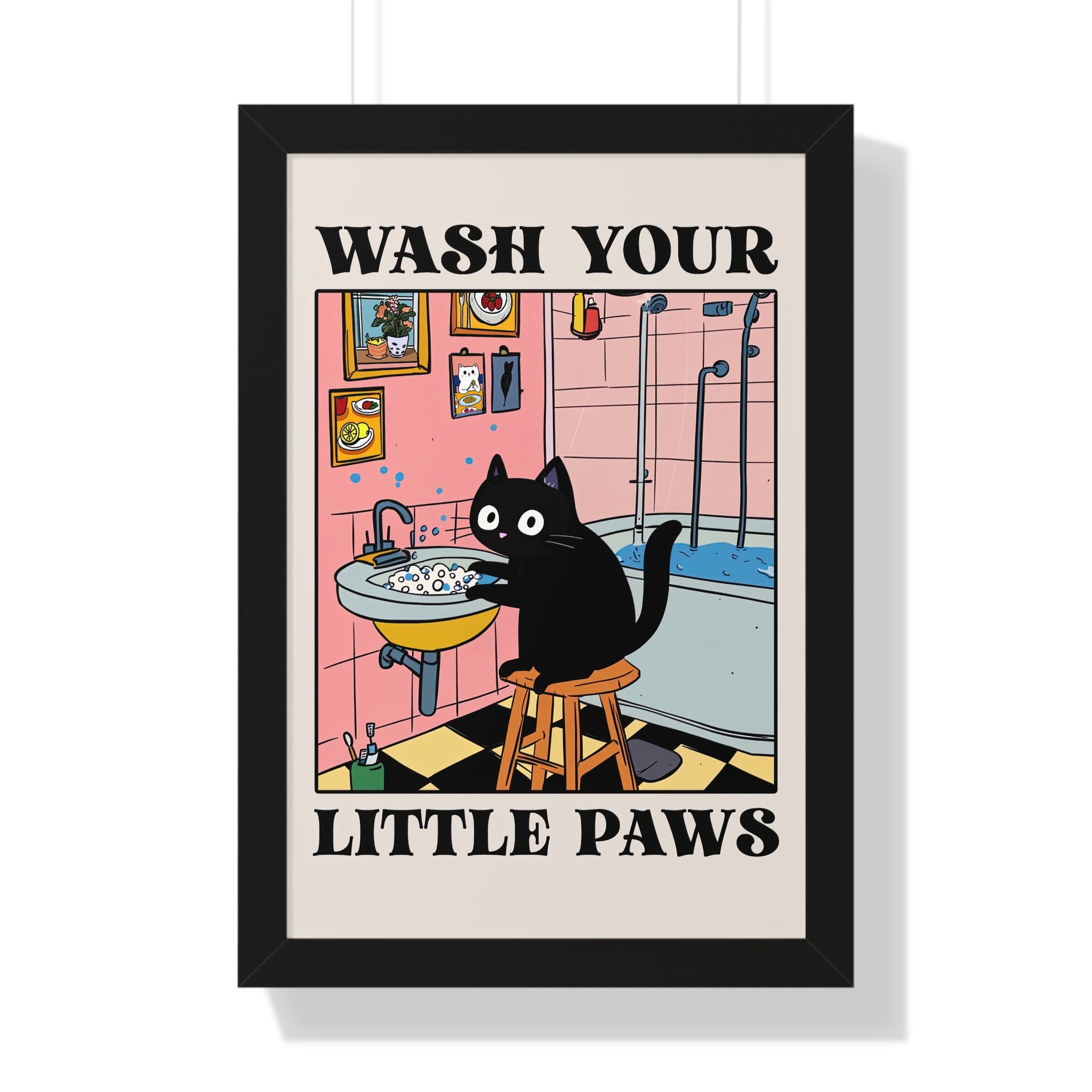 Framed Paper Print - Wash Your Little Paws Cat