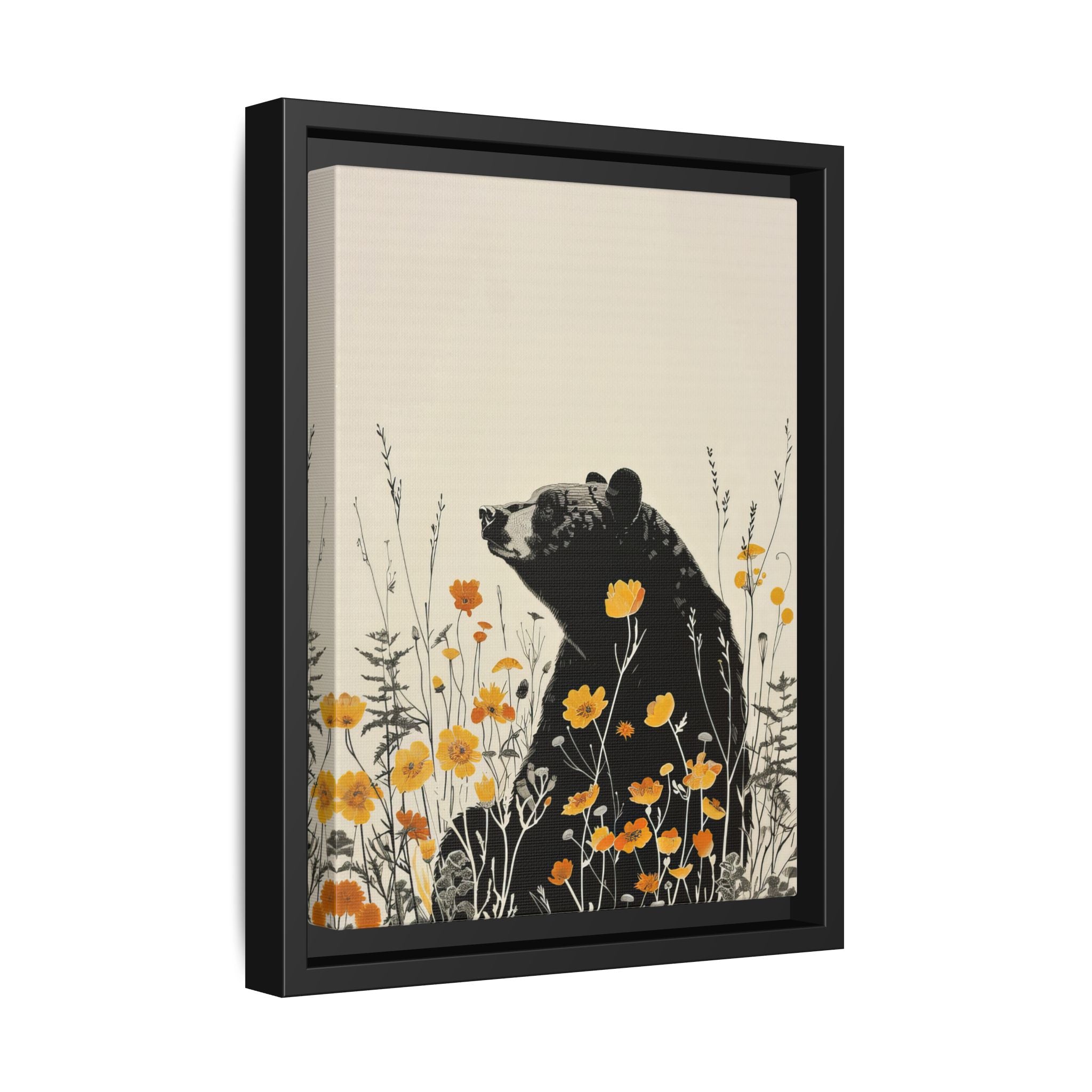 Framed Canvas - Black Bear in Wildflowers