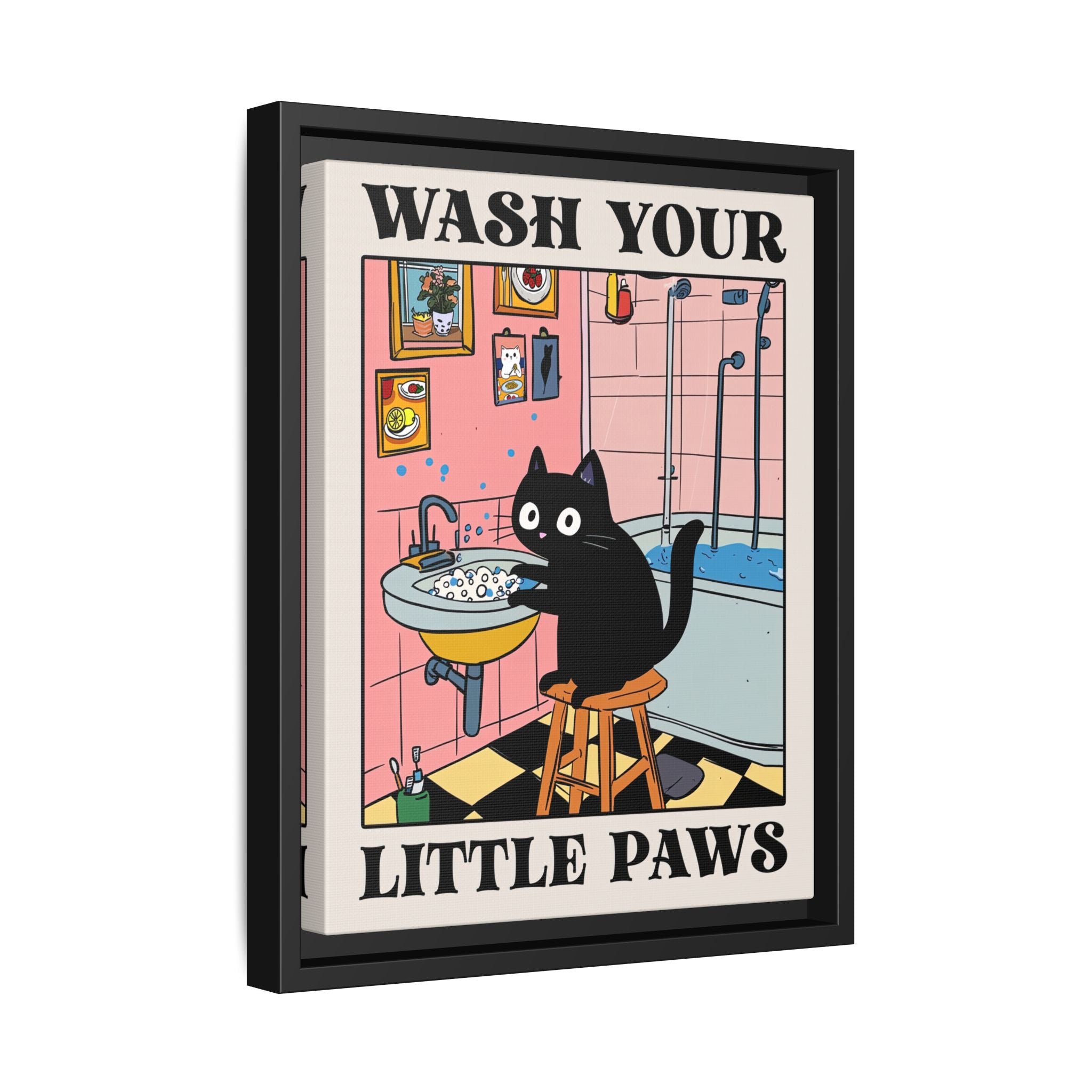 Framed Canvas - Wash Your Little Paws Cat