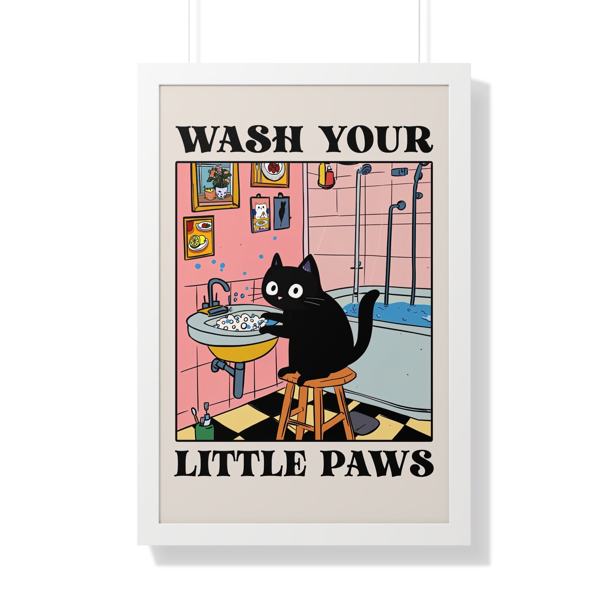 Framed Paper Print - Wash Your Little Paws Cat