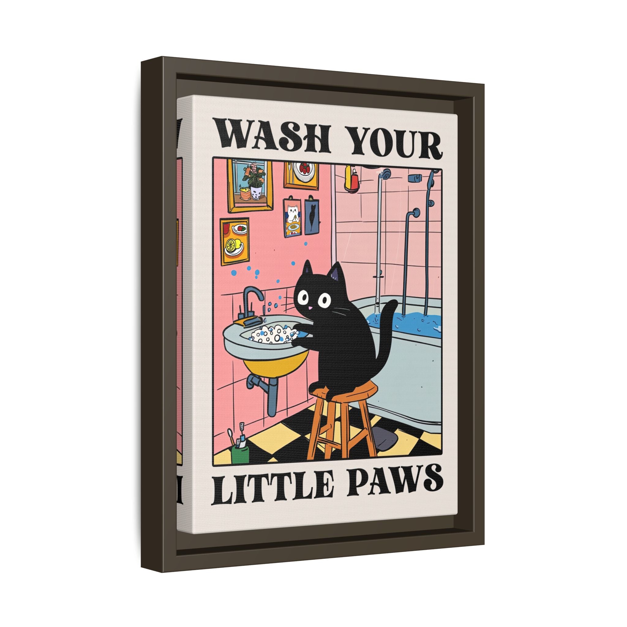 Framed Canvas - Wash Your Little Paws Cat