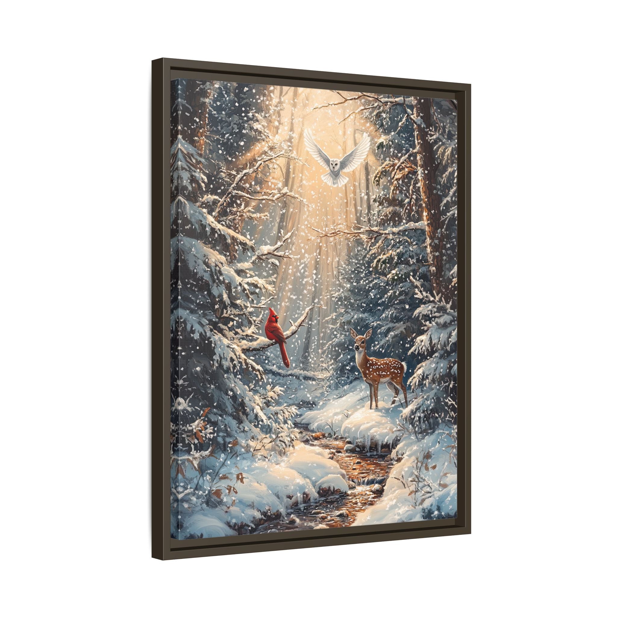 Framed Canvas - Winter Cardinal Deer Owl