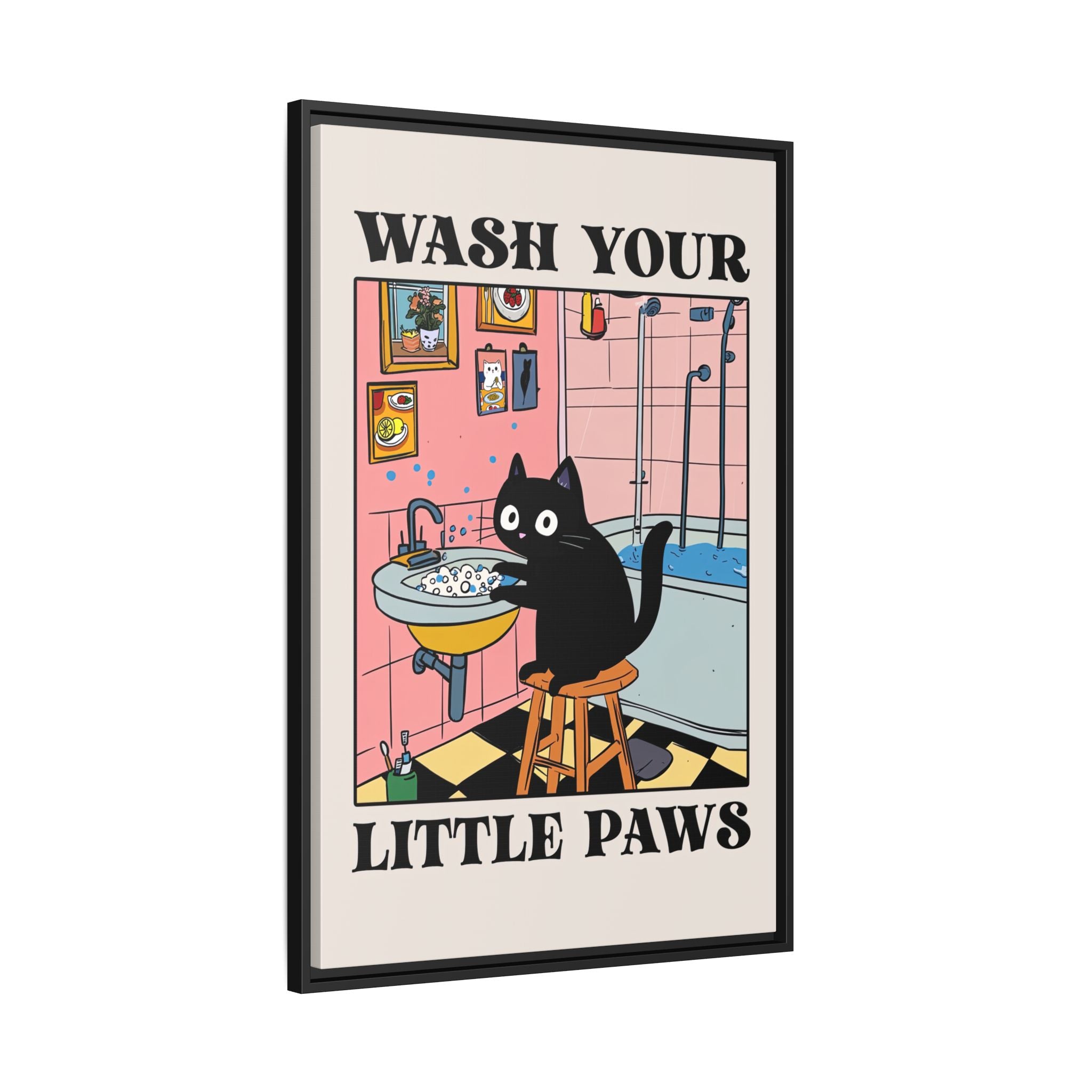 Framed Canvas - Wash Your Little Paws Cat
