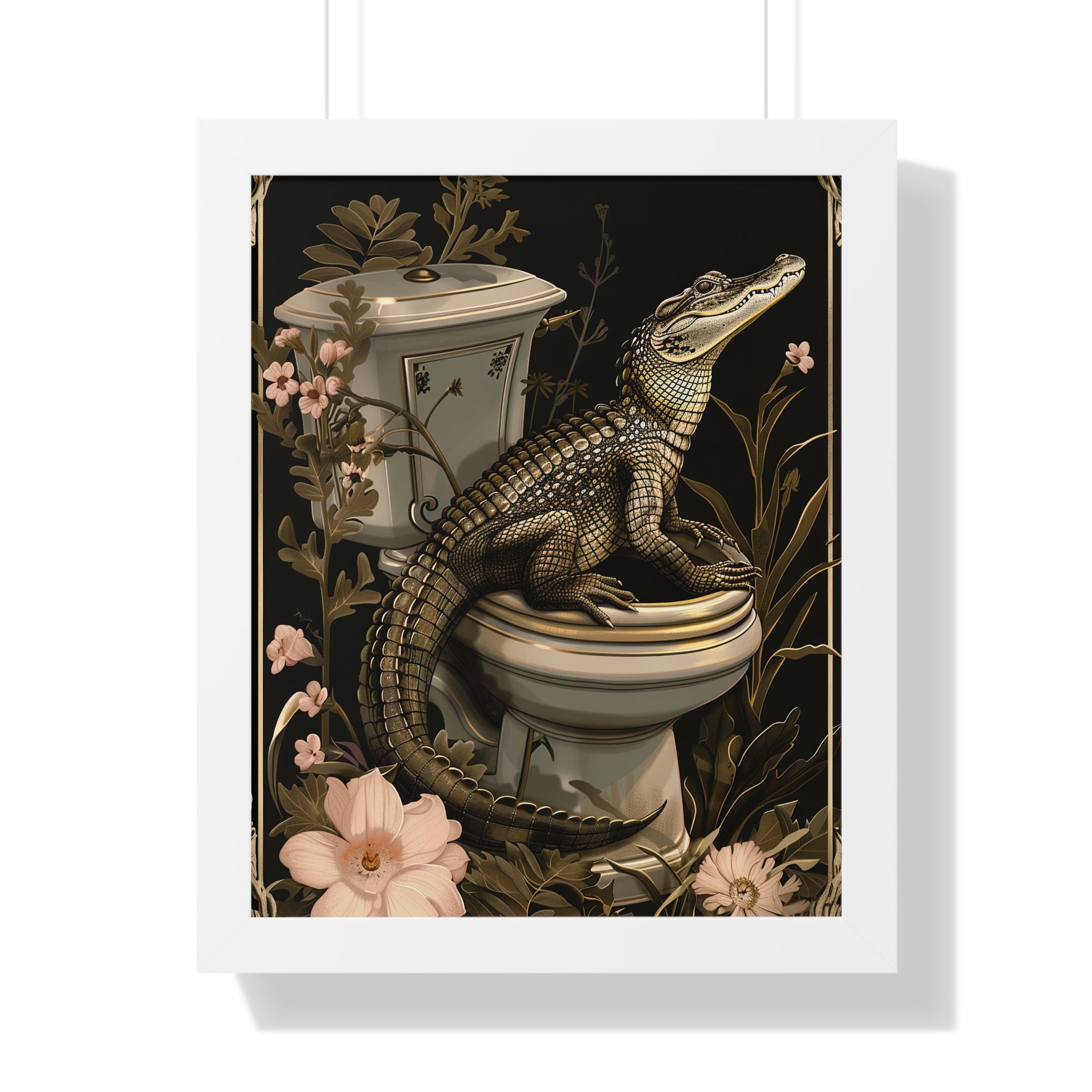 Framed Paper Print - Toilet Gator Floral Surprise