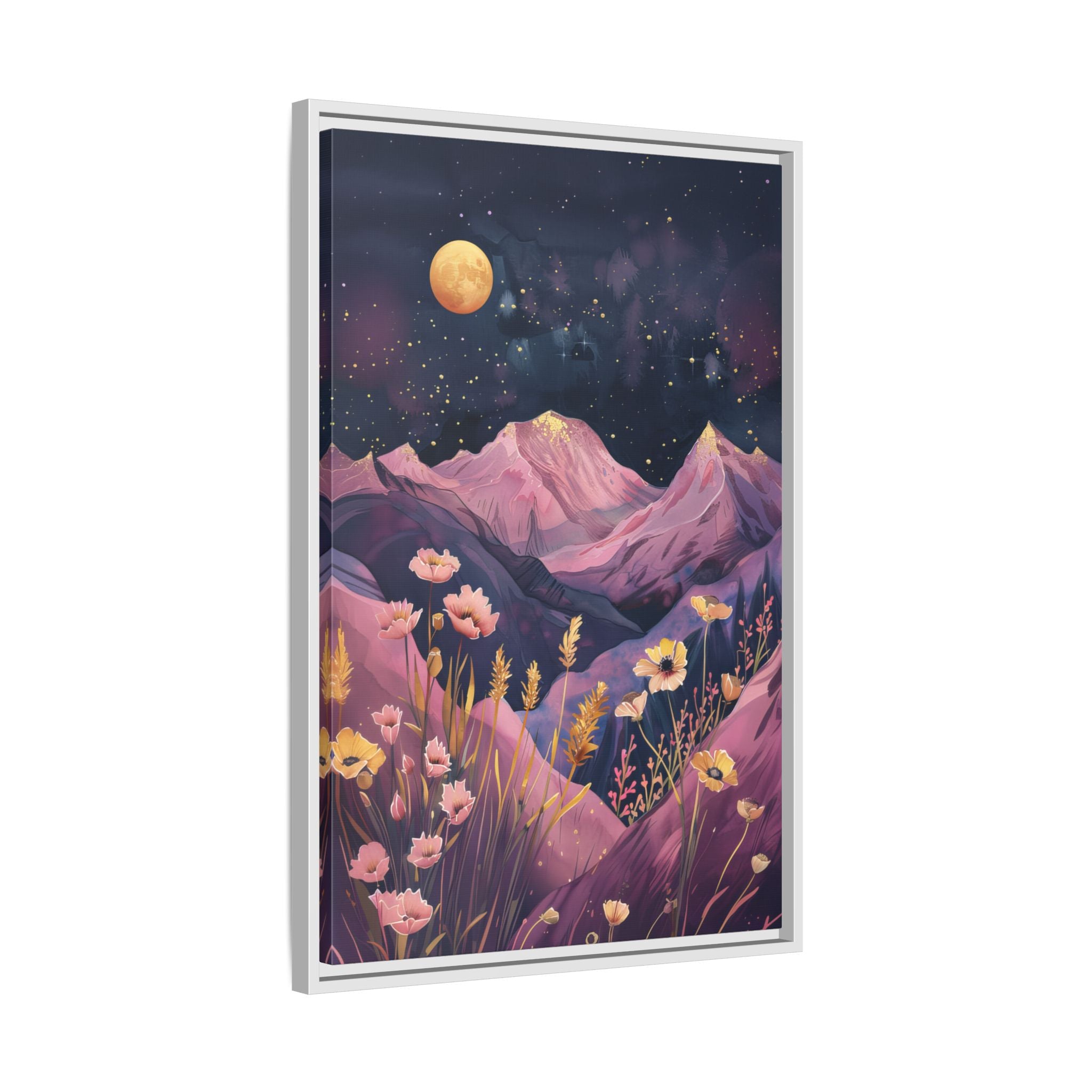 Framed Canvas - Golden Moon Over Lavender Peaks
