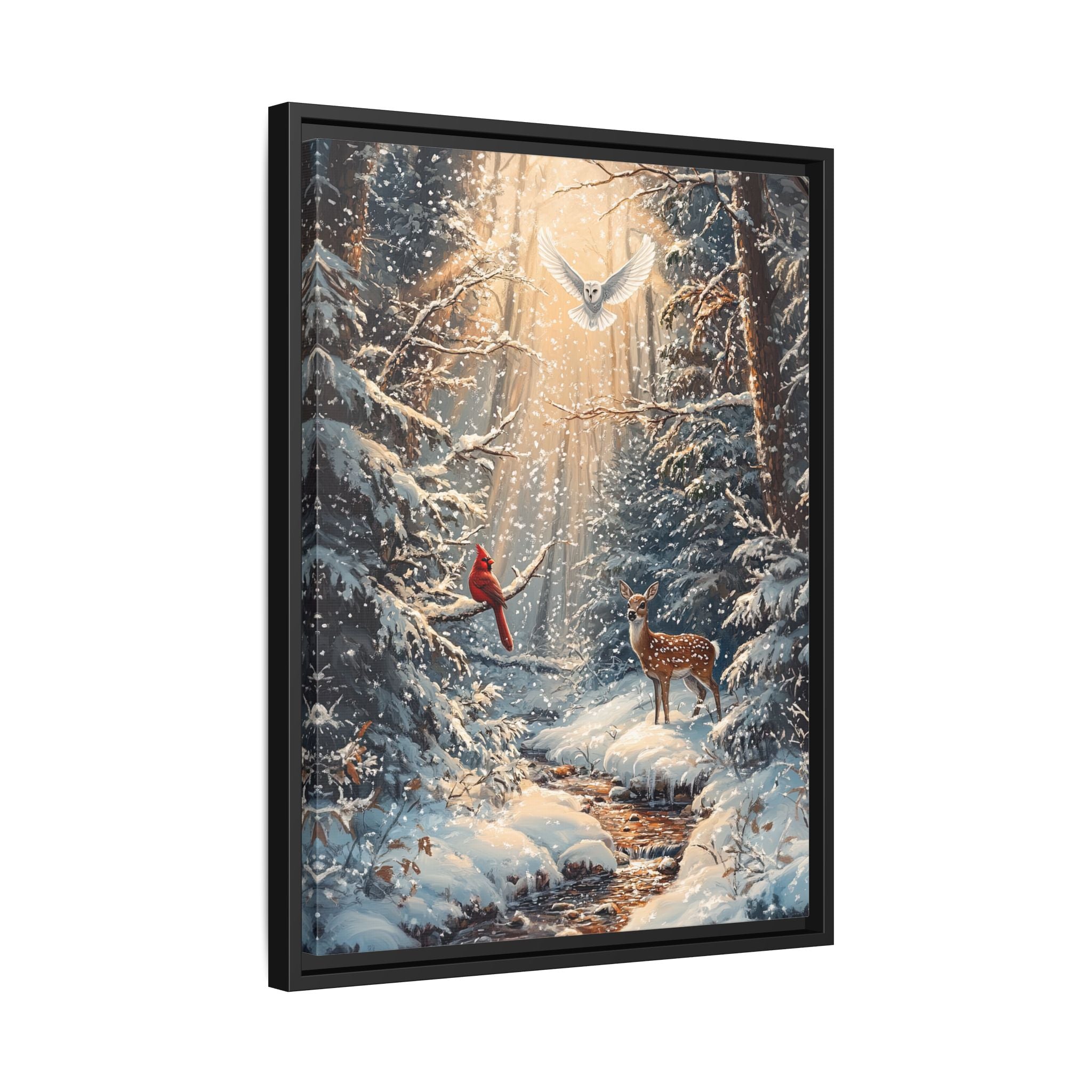 Framed Canvas - Winter Cardinal Deer Owl