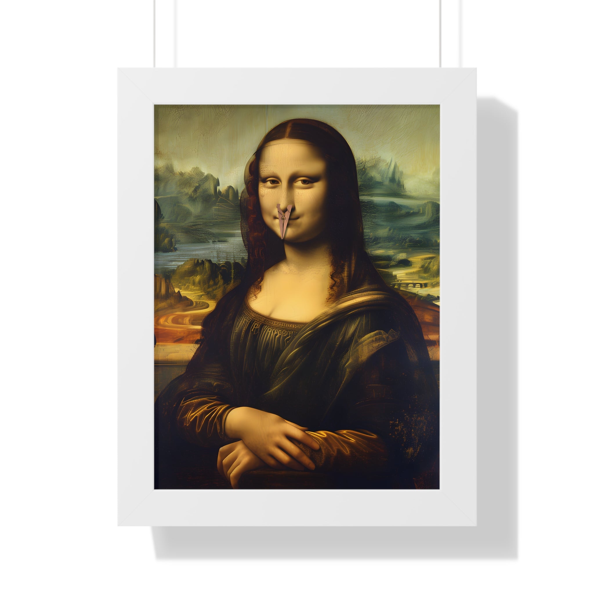Framed Paper Print - Mona Lisa Nose Peg Gag