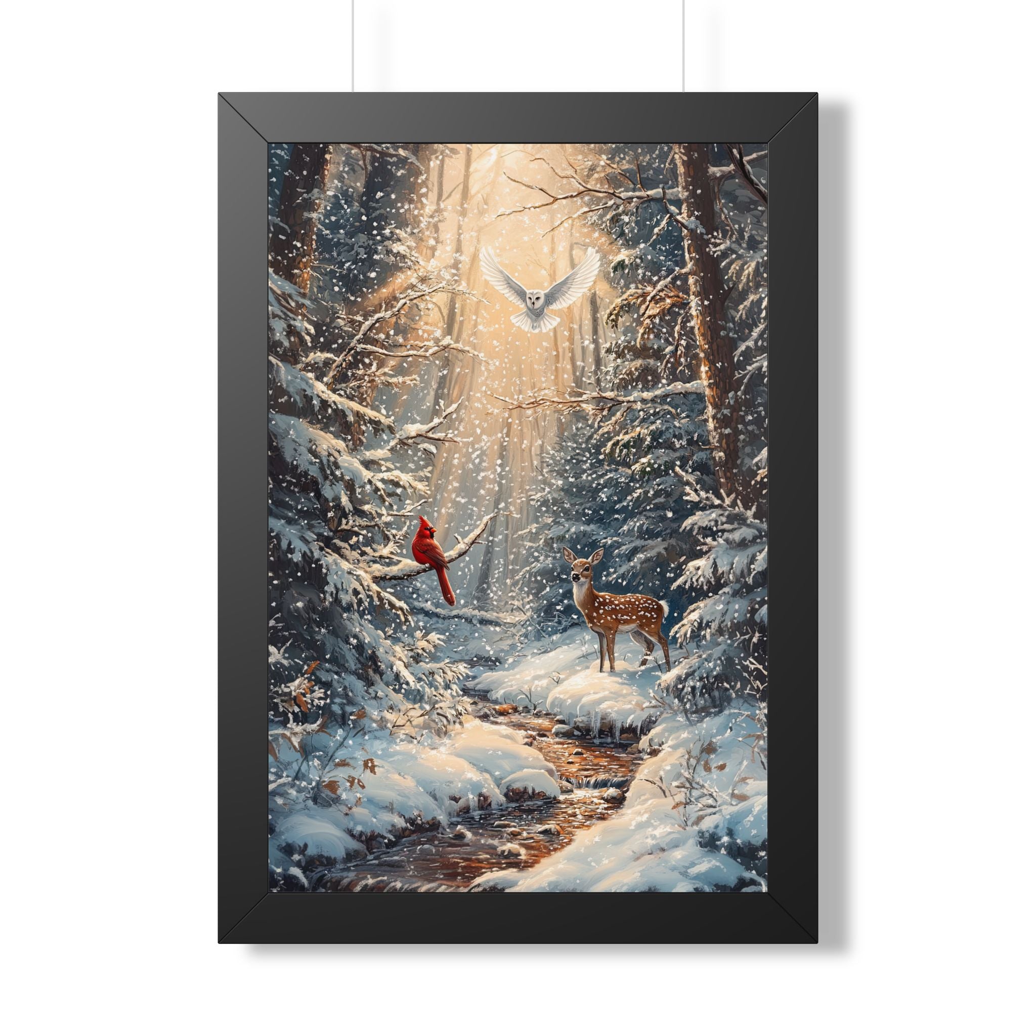 Framed Paper Print - Winter Cardinal Deer Owl