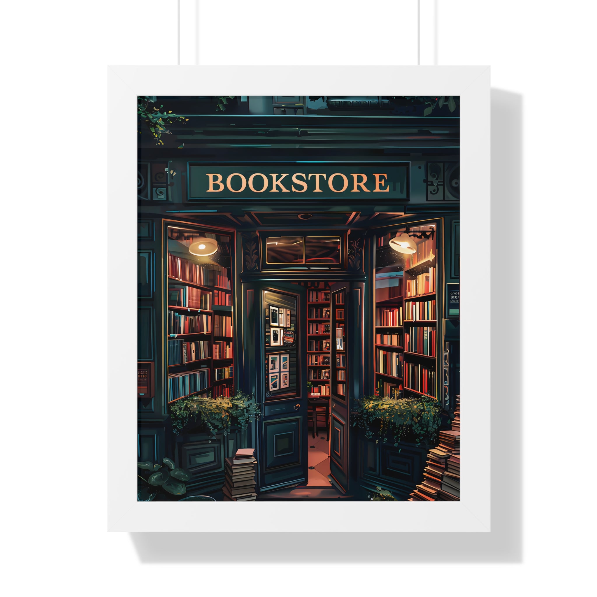 Framed Paper Print - Midnight Bookstore Glow