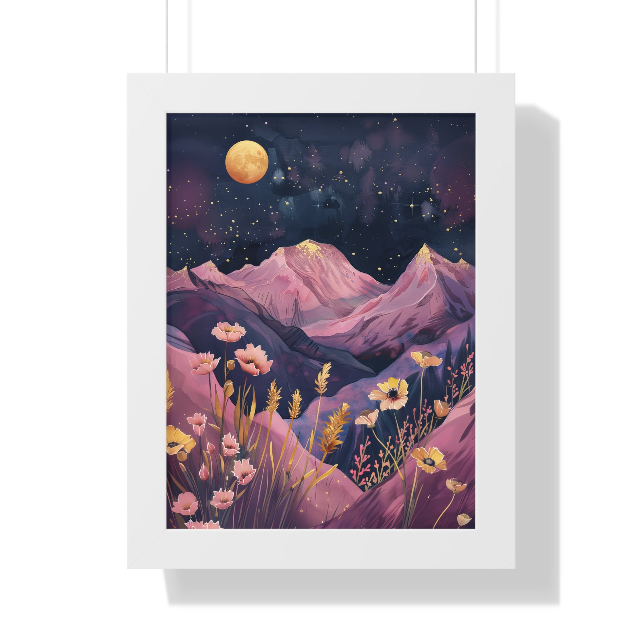 Framed Paper Print - Golden Moon Over Lavender Peaks