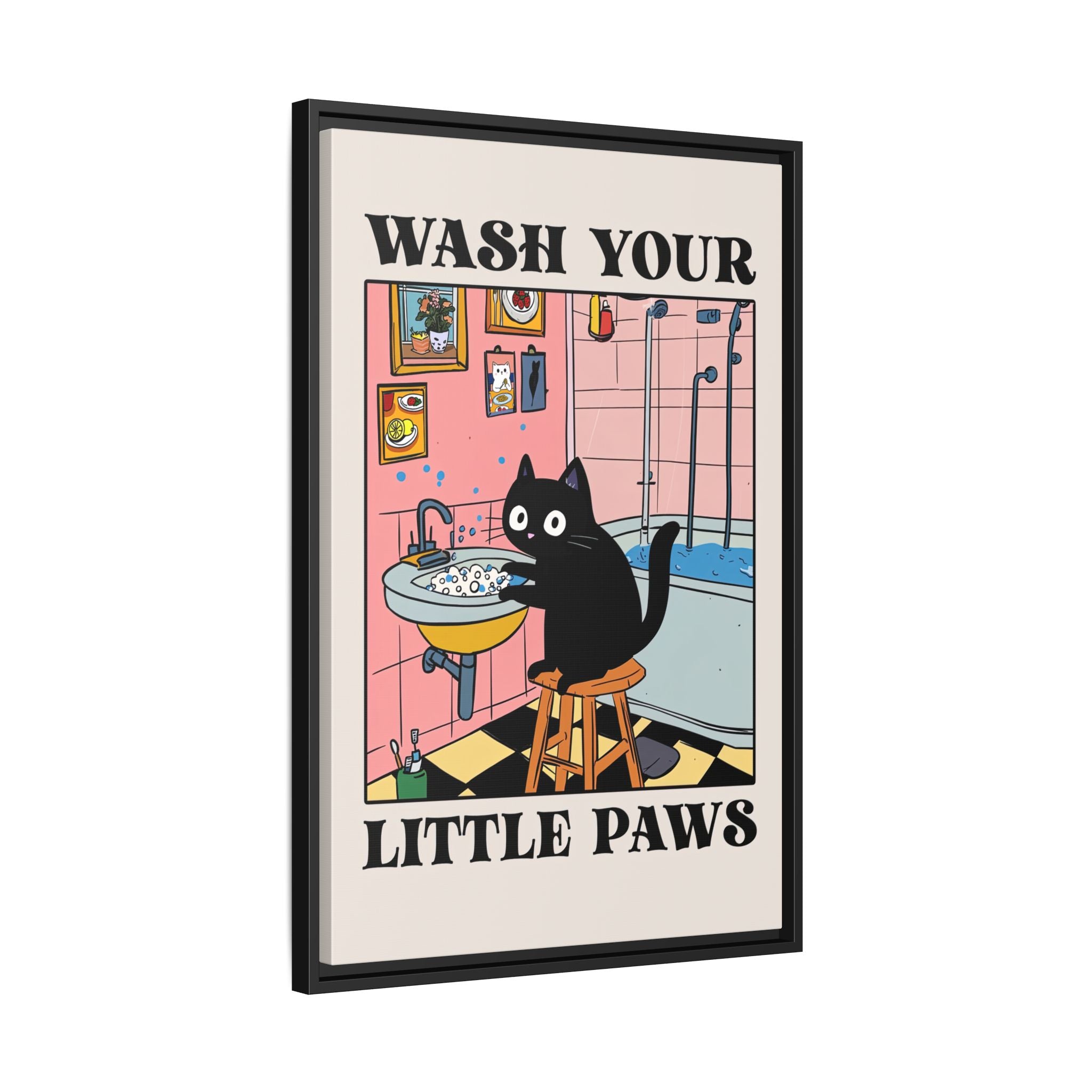 Framed Canvas - Wash Your Little Paws Cat