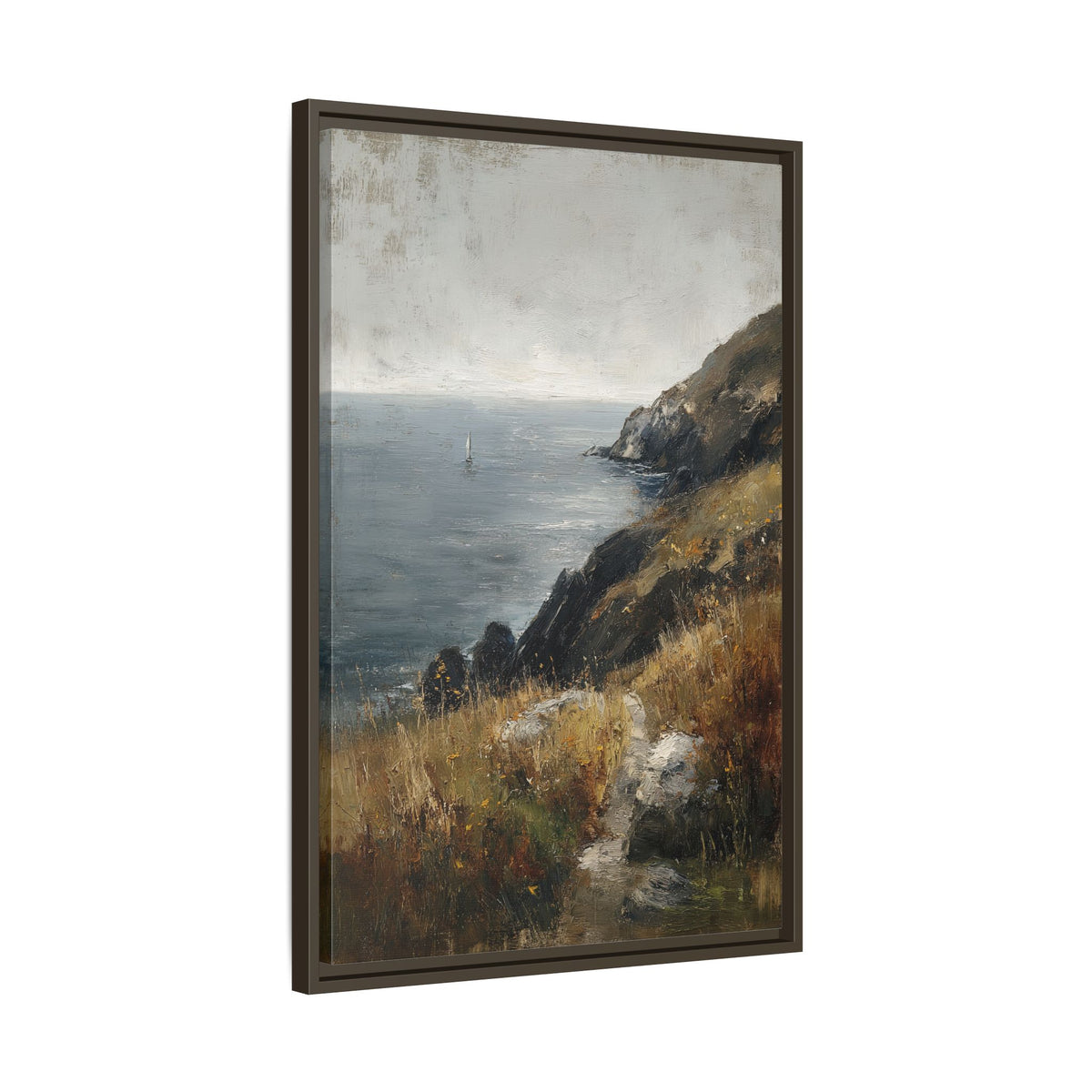 Framed Canvas - Cliffside Sailboat Seascape