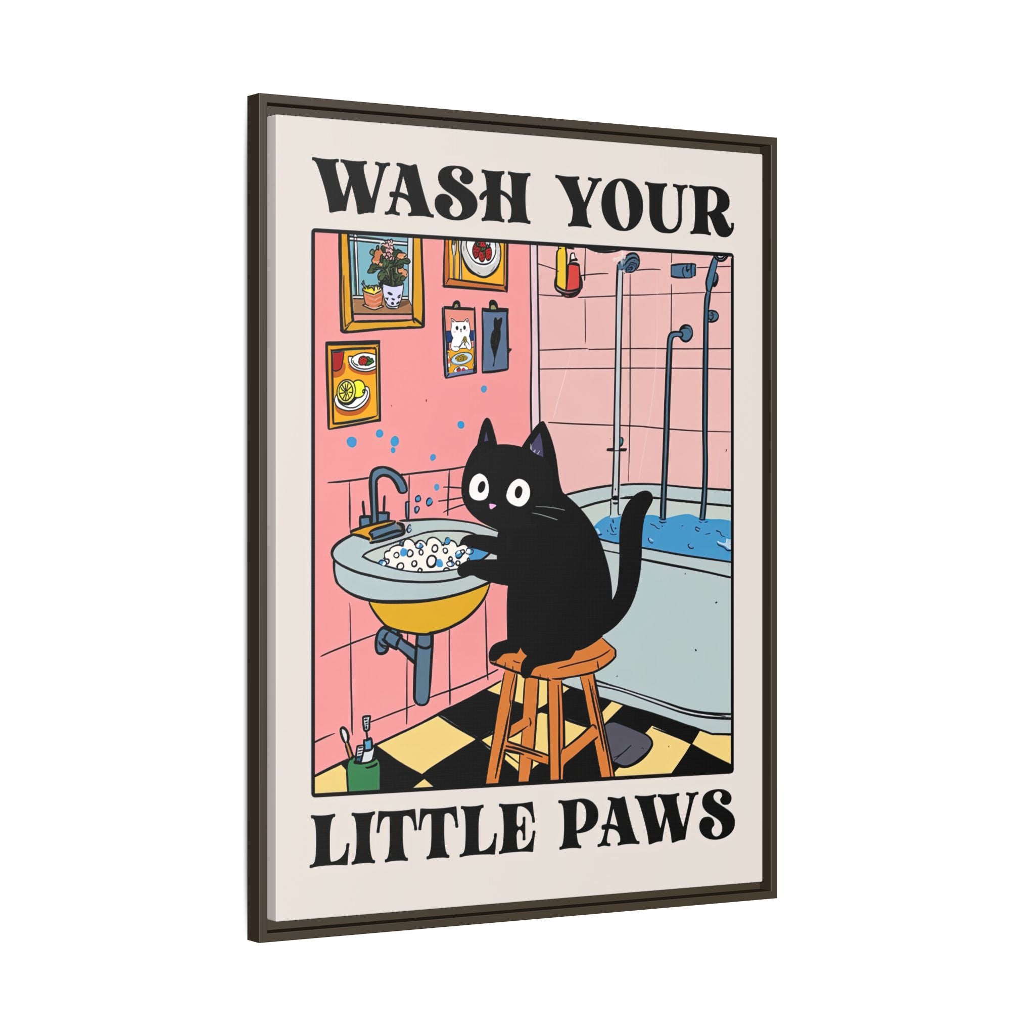 Framed Canvas - Wash Your Little Paws Cat