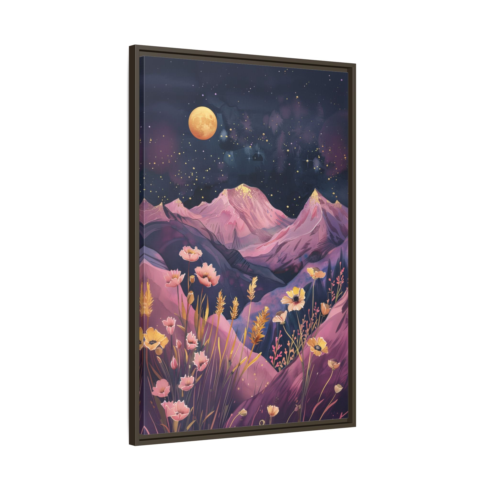 Framed Canvas - Golden Moon Over Lavender Peaks