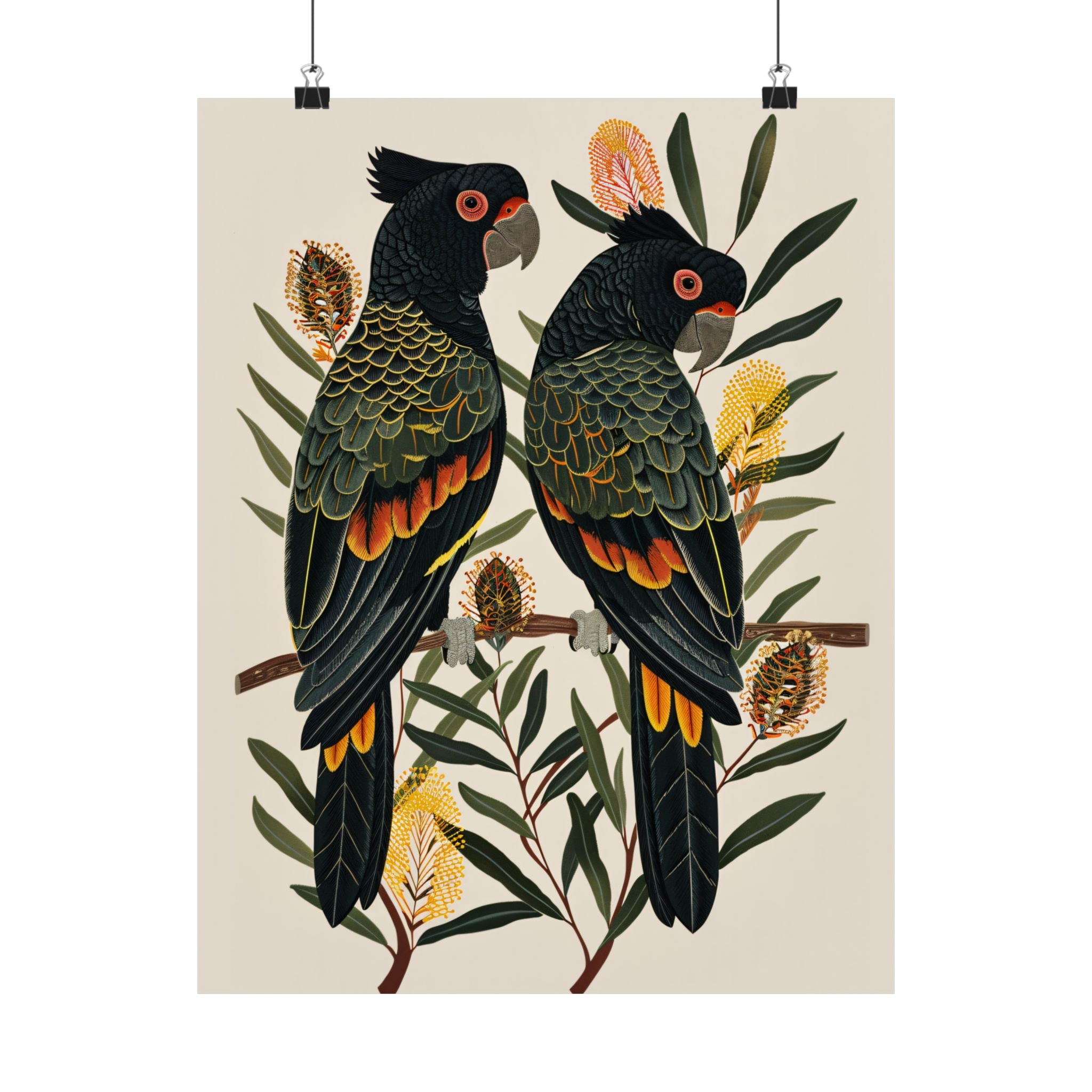 Black Cockatoos Among Banksia