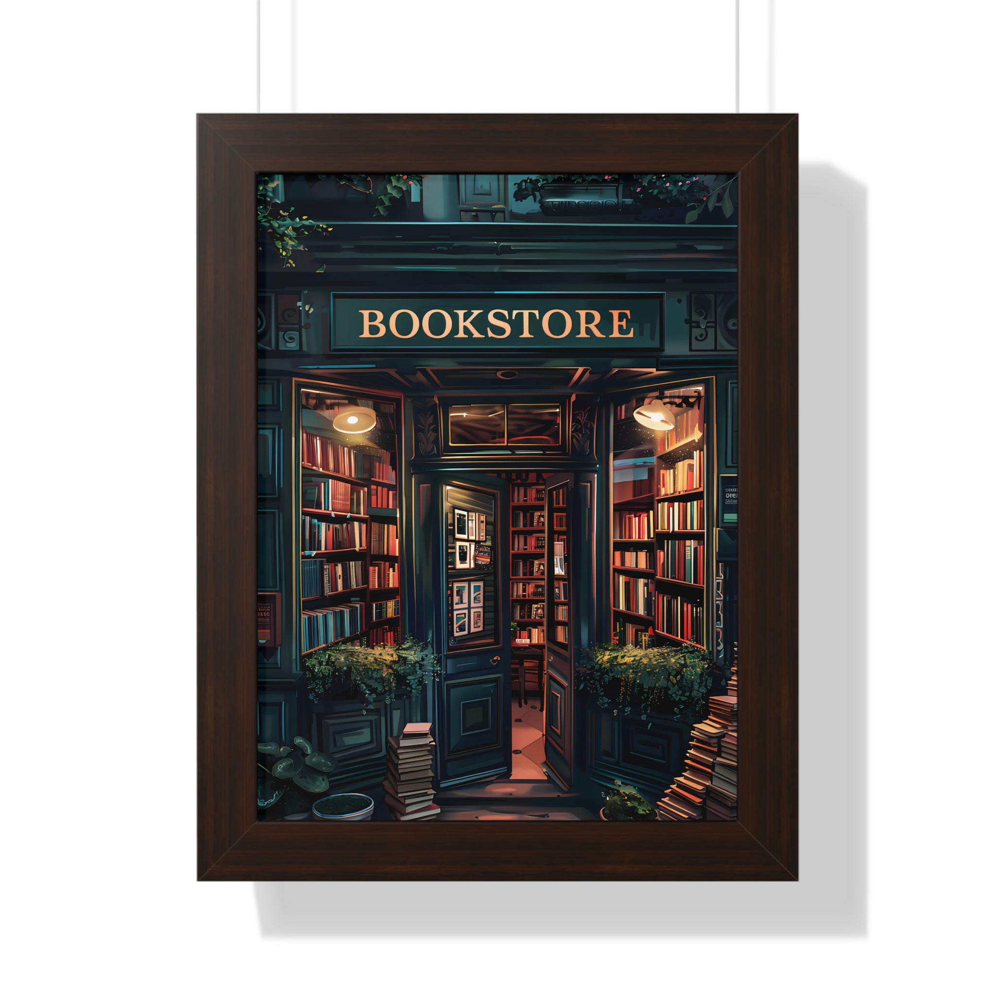 Framed Paper Print - Midnight Bookstore Glow