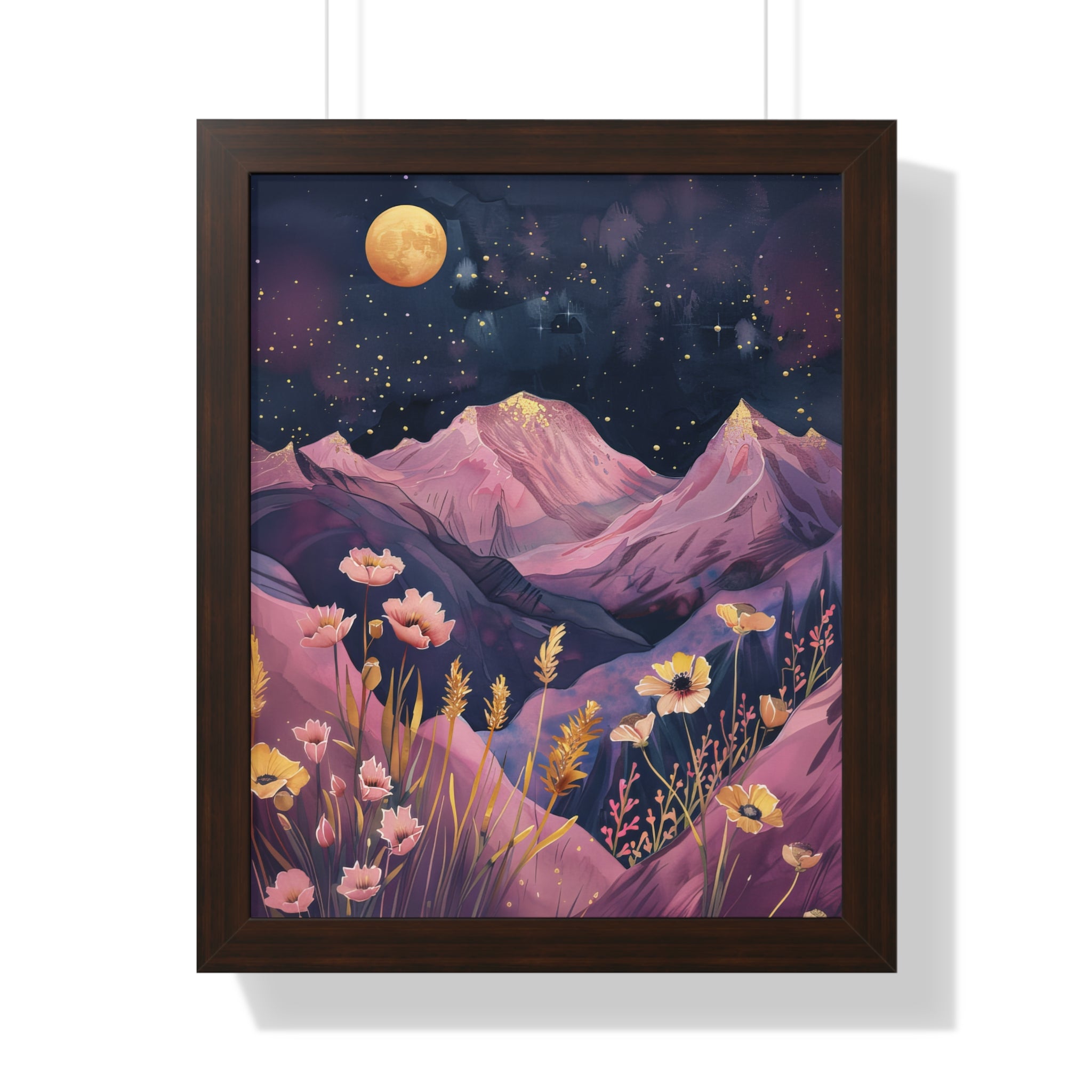 Framed Paper Print - Golden Moon Over Lavender Peaks