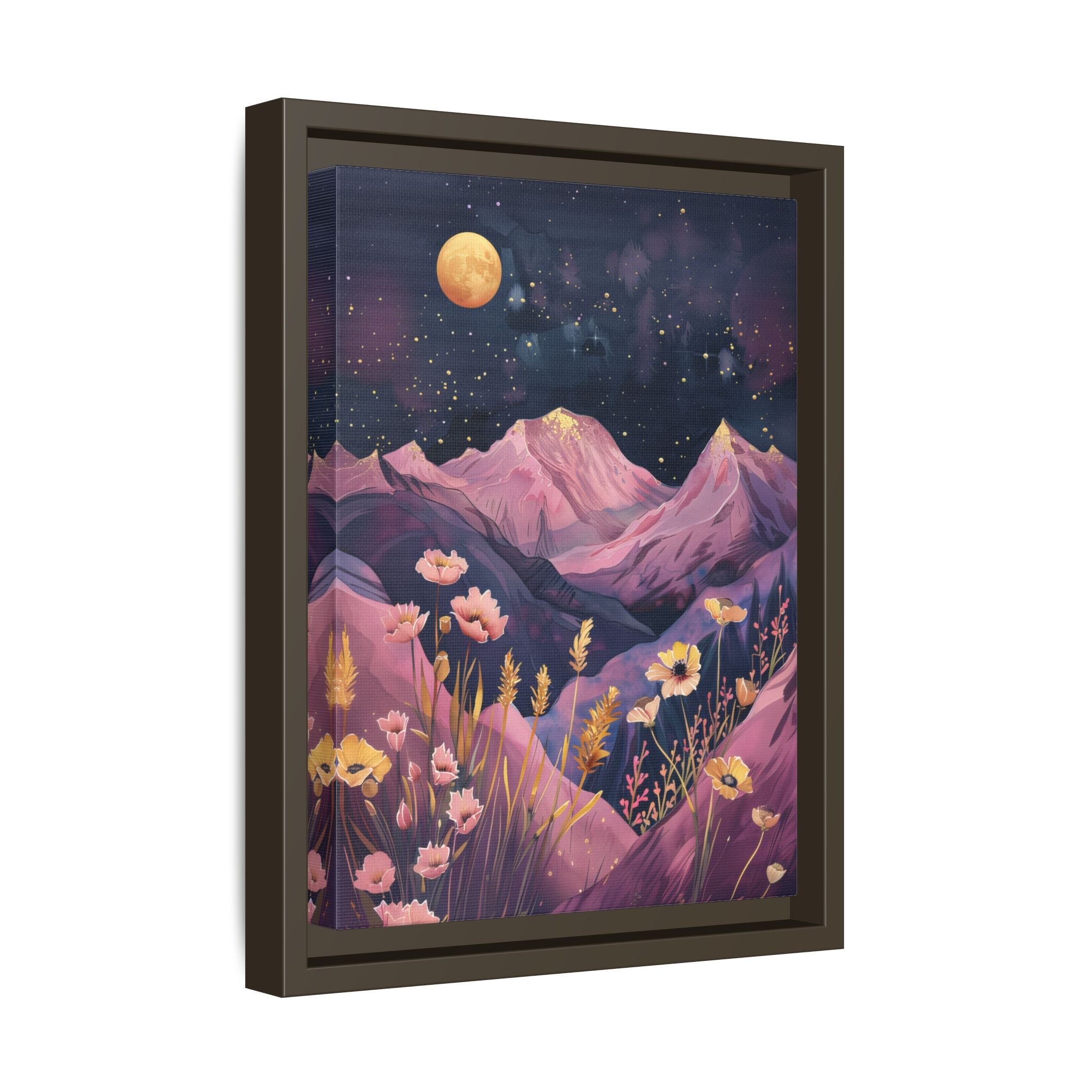 Framed Canvas - Golden Moon Over Lavender Peaks