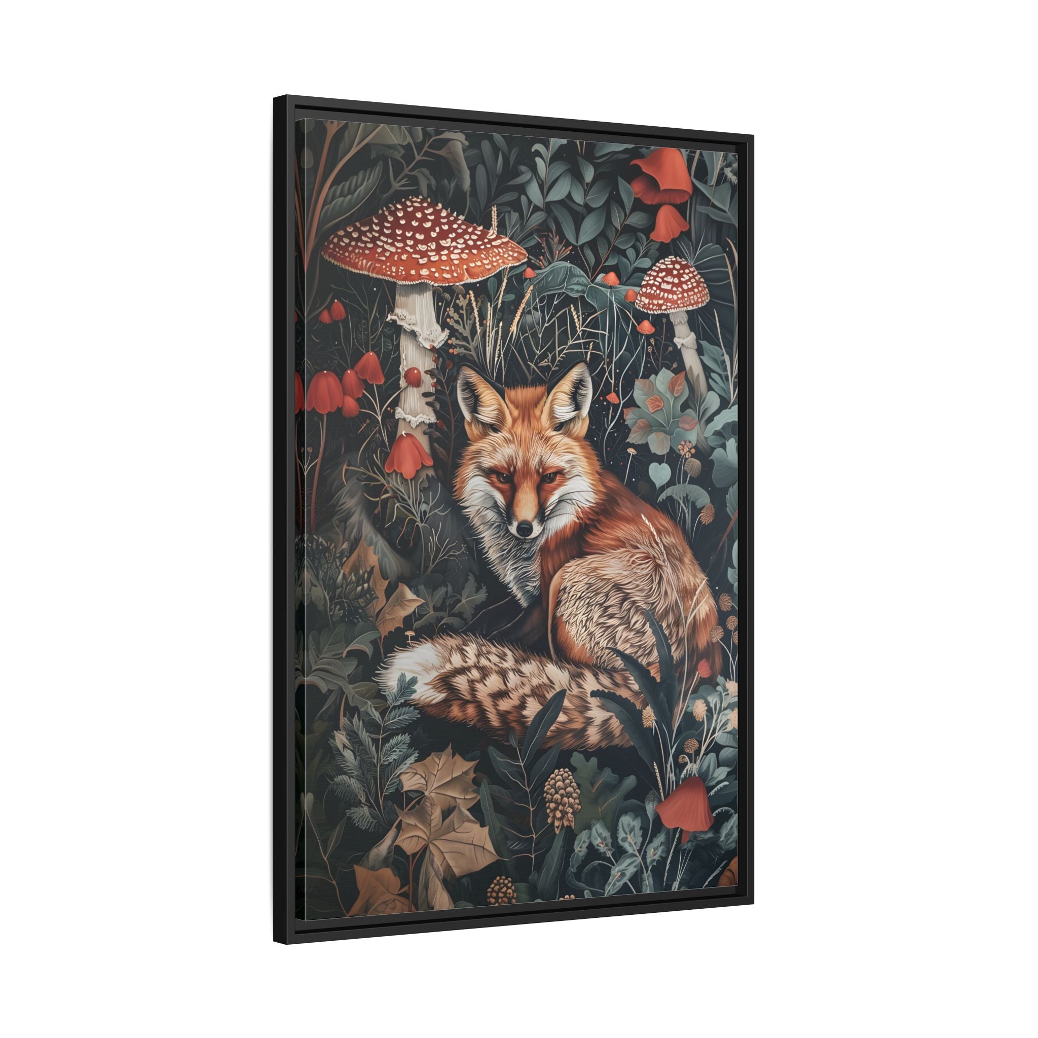 Framed Canvas - Forest Fox with Mushrooms