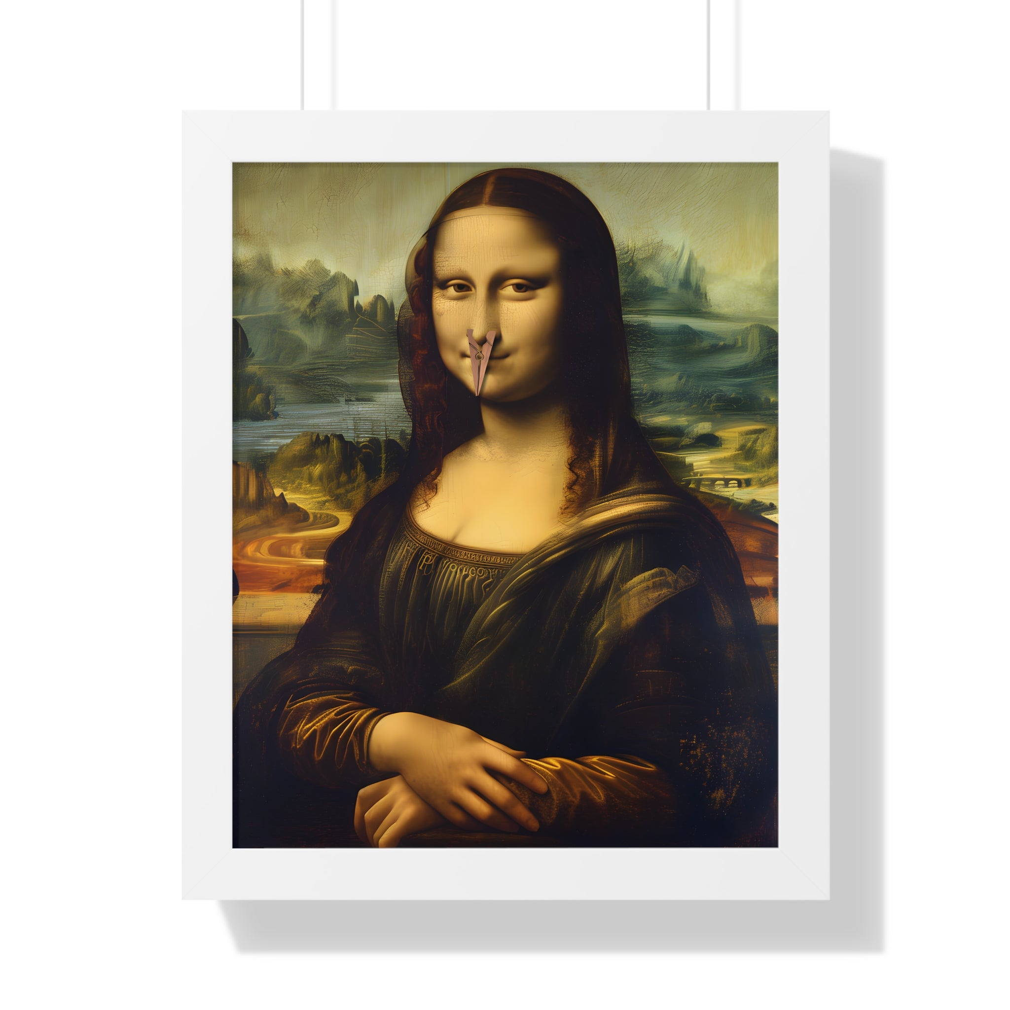 Framed Paper Print - Mona Lisa Nose Peg Gag
