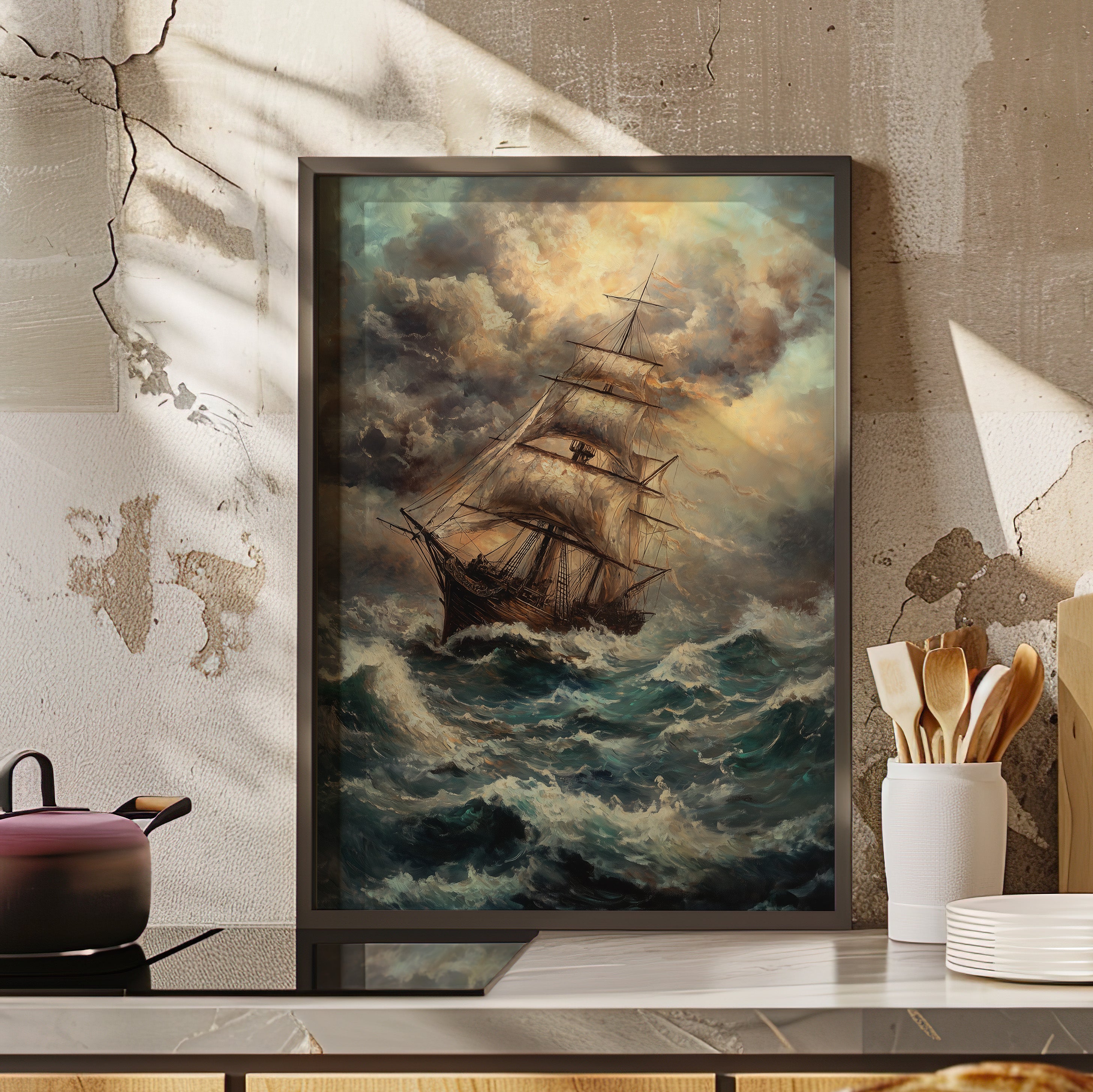 Framed Paper Print - Stormy Voyage Sailing Ship