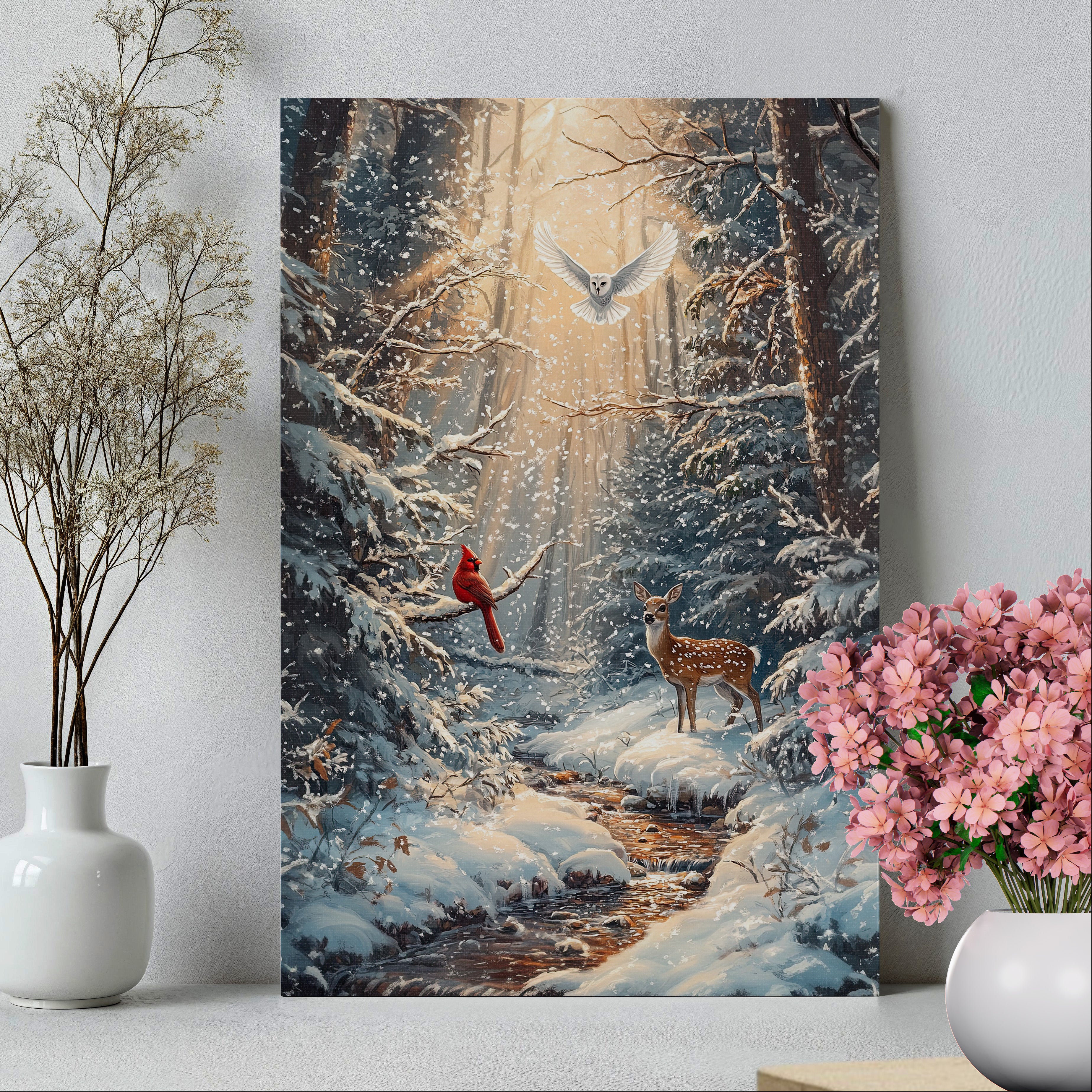 .75" Matte Canvas - Winter Cardinal Deer Owl
