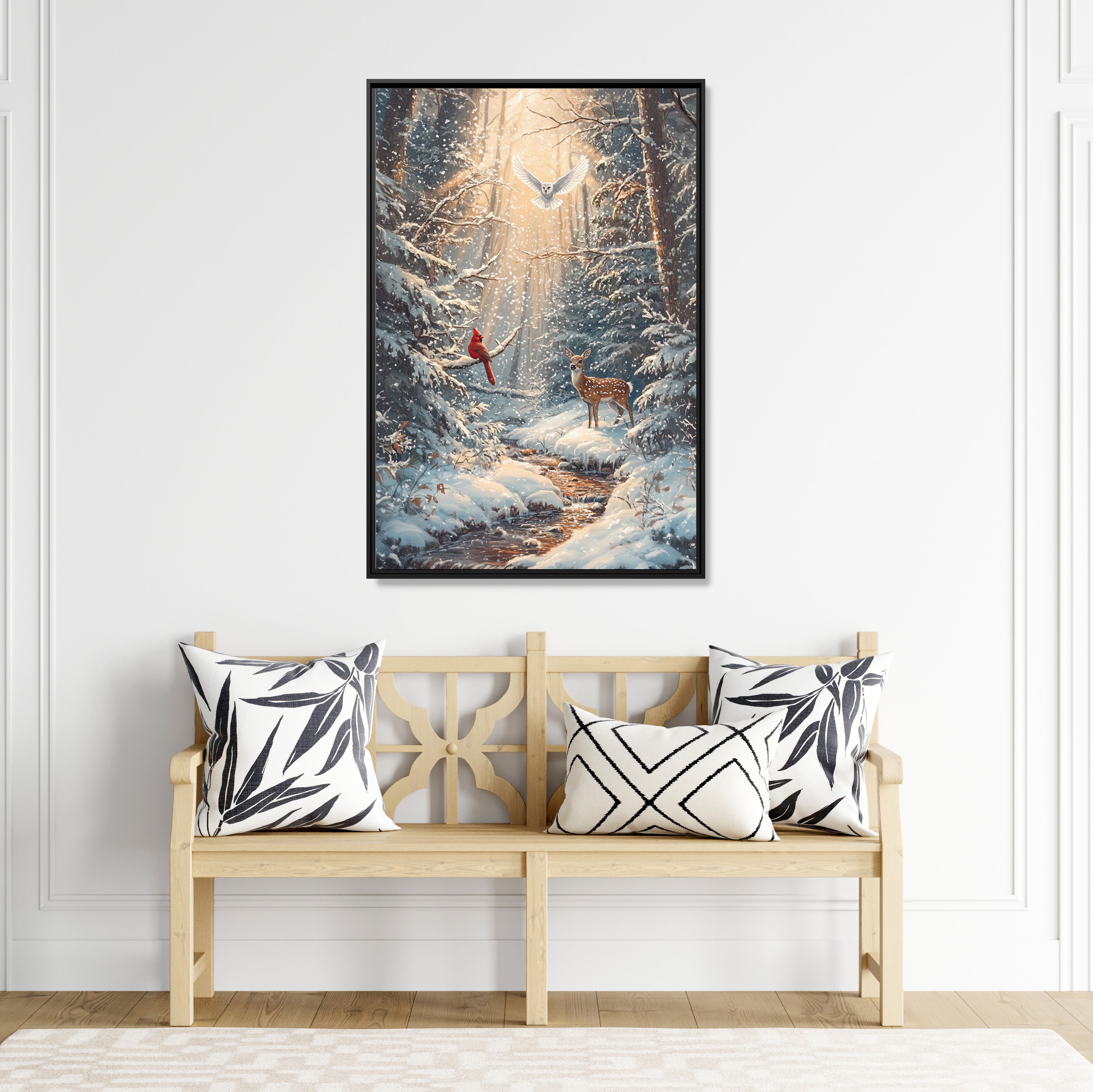Framed Canvas - Winter Cardinal Deer Owl