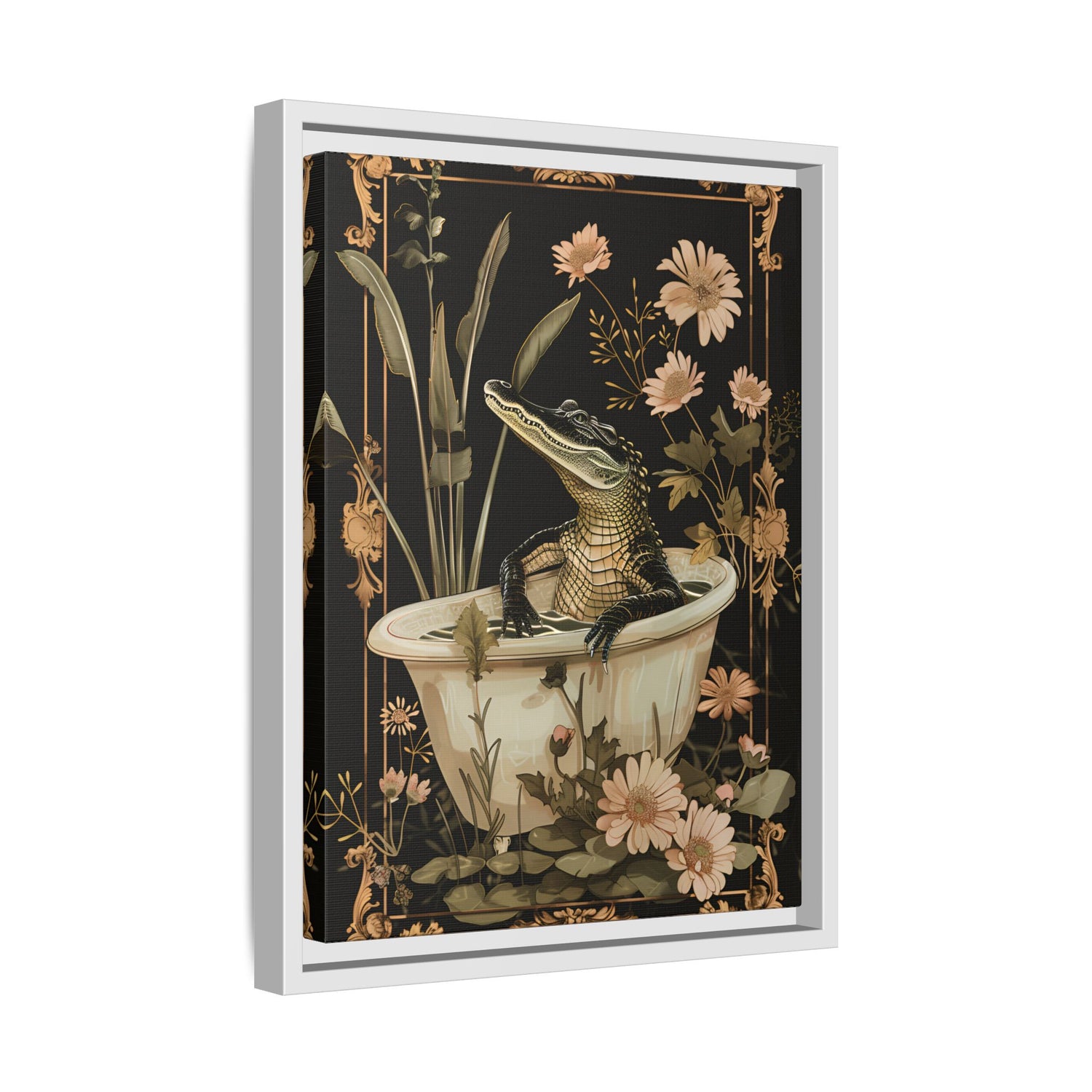 Framed Canvas - Crocodile in Bloom Bath Bliss