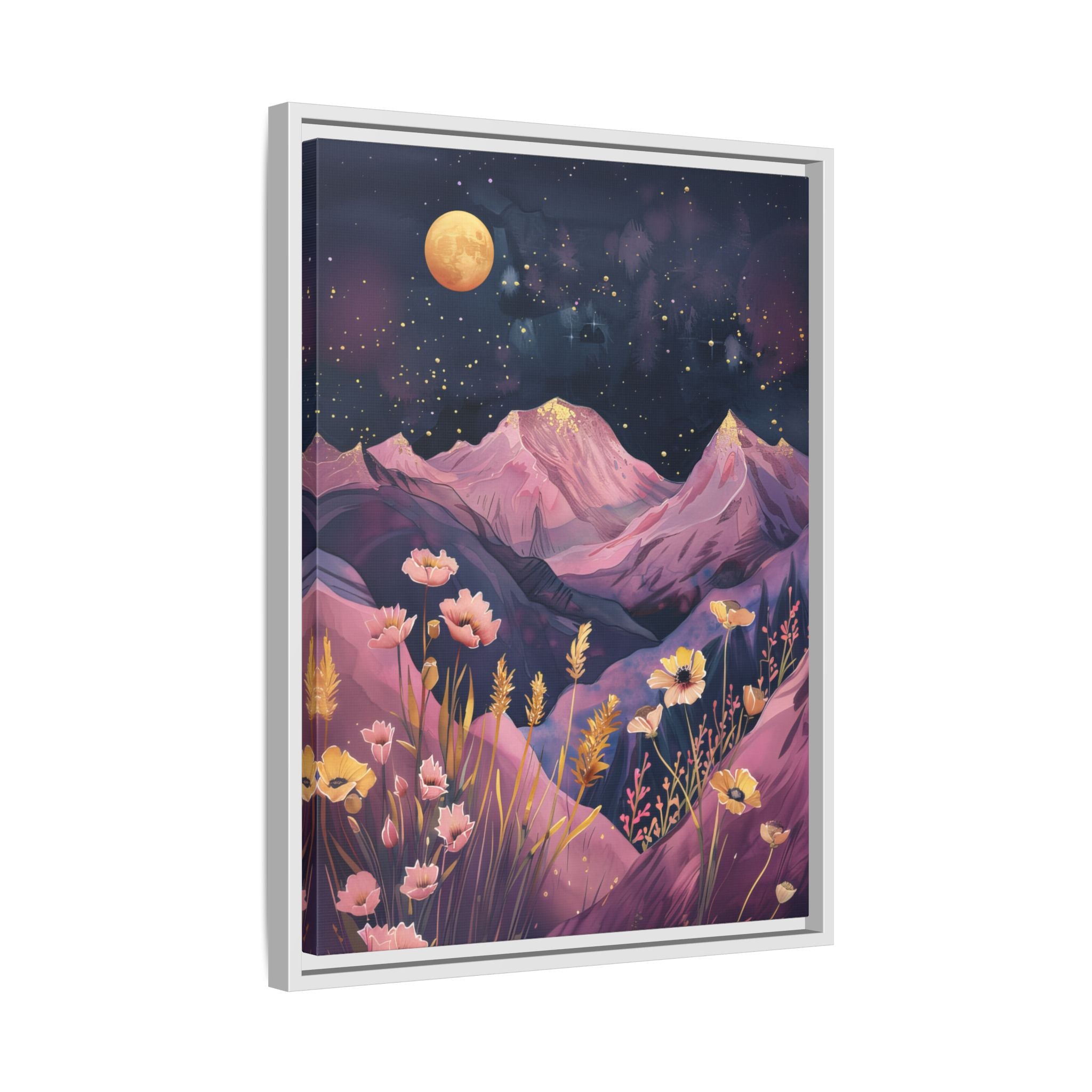 Framed Canvas - Golden Moon Over Lavender Peaks
