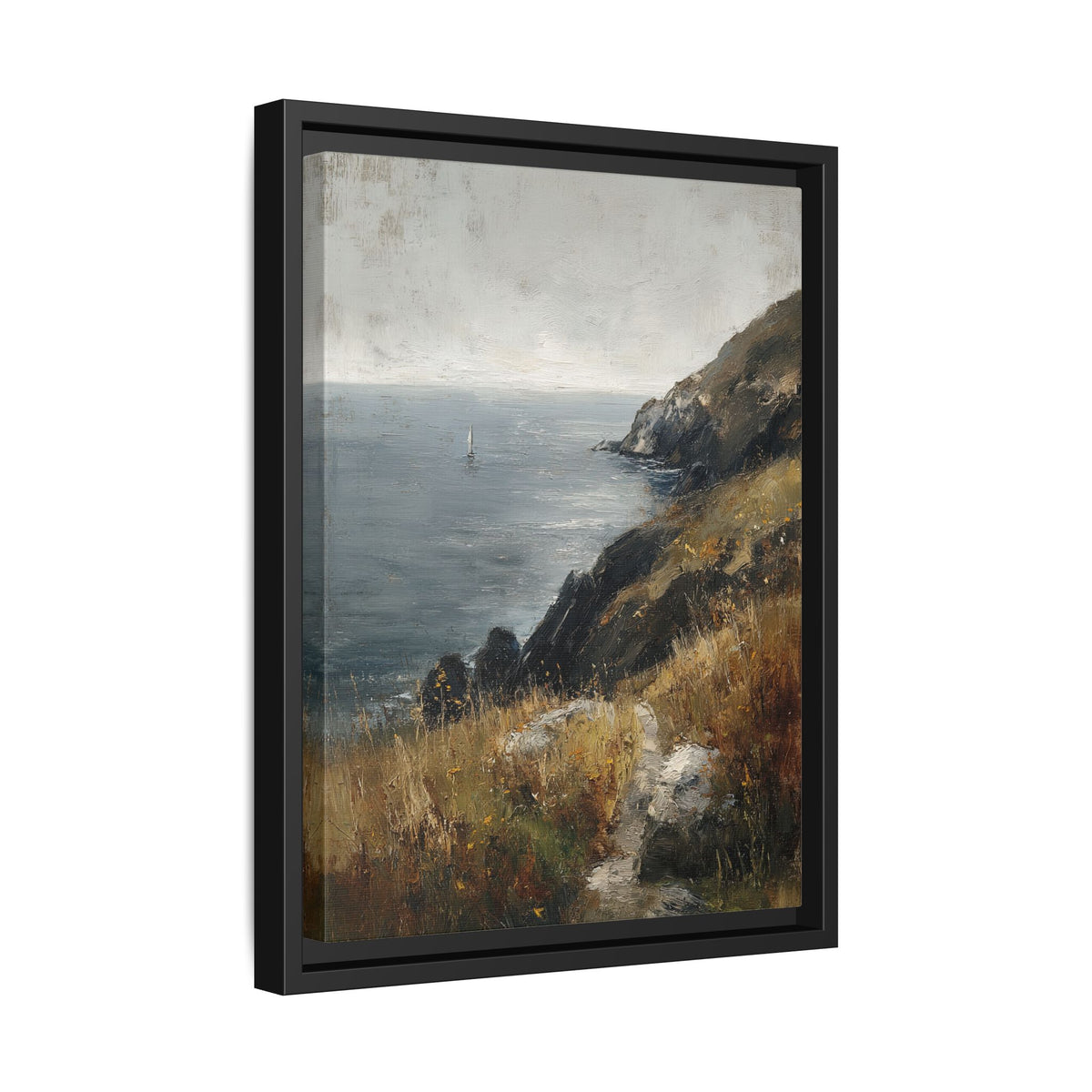 Framed Canvas - Cliffside Sailboat Seascape